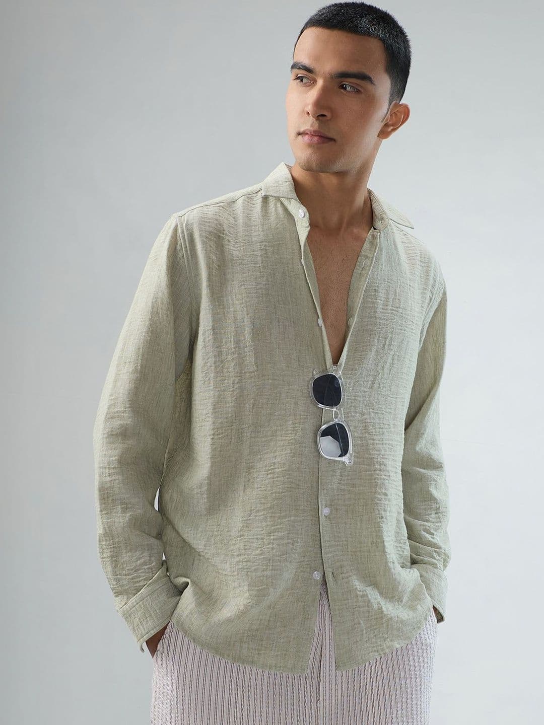 VASTRADO Tea Green Crinkled Textured Shirt - view 1