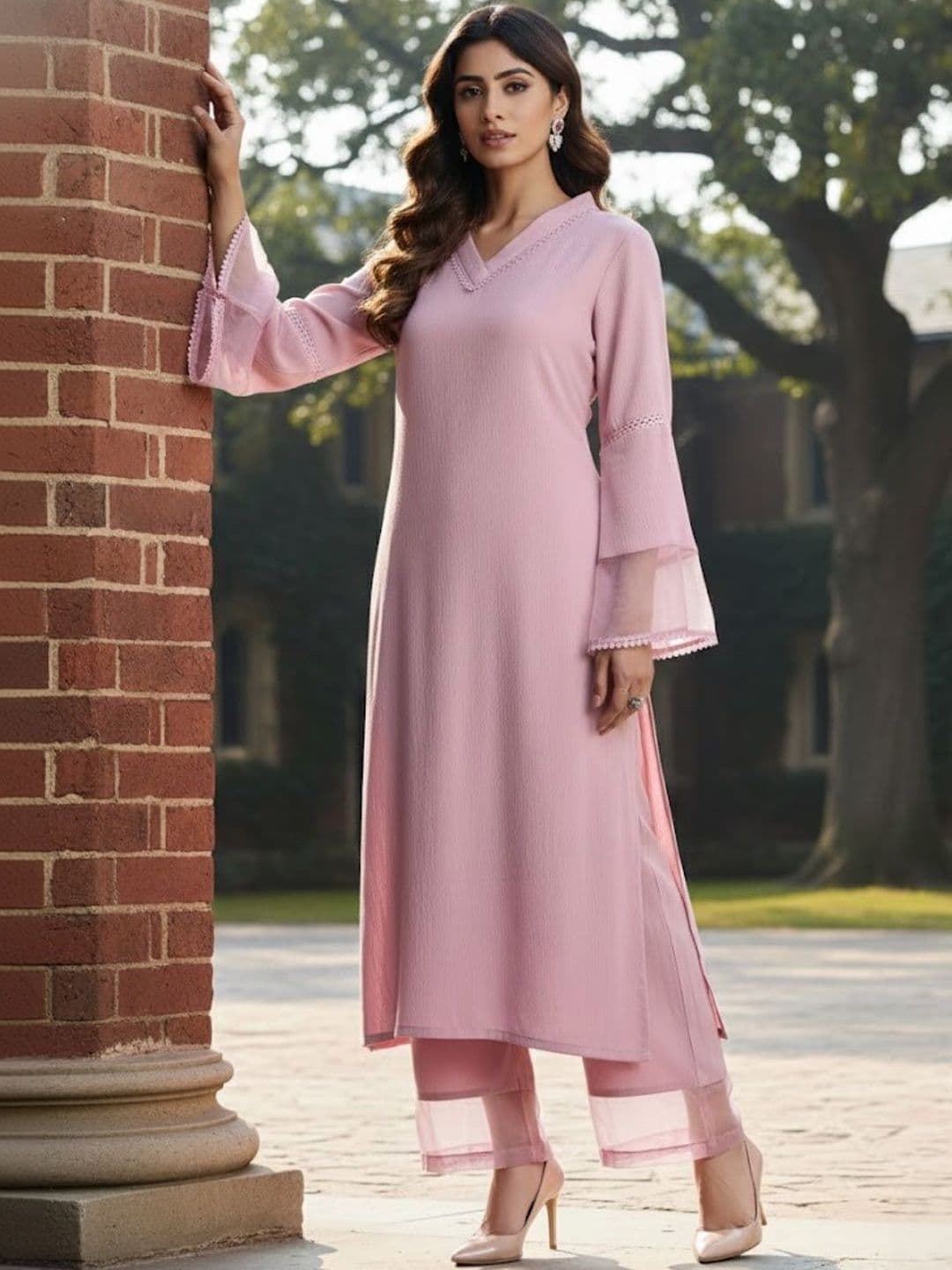 KALINI Women Regular Thread Work Silk Crepe Kurta with Trousers - view 1
