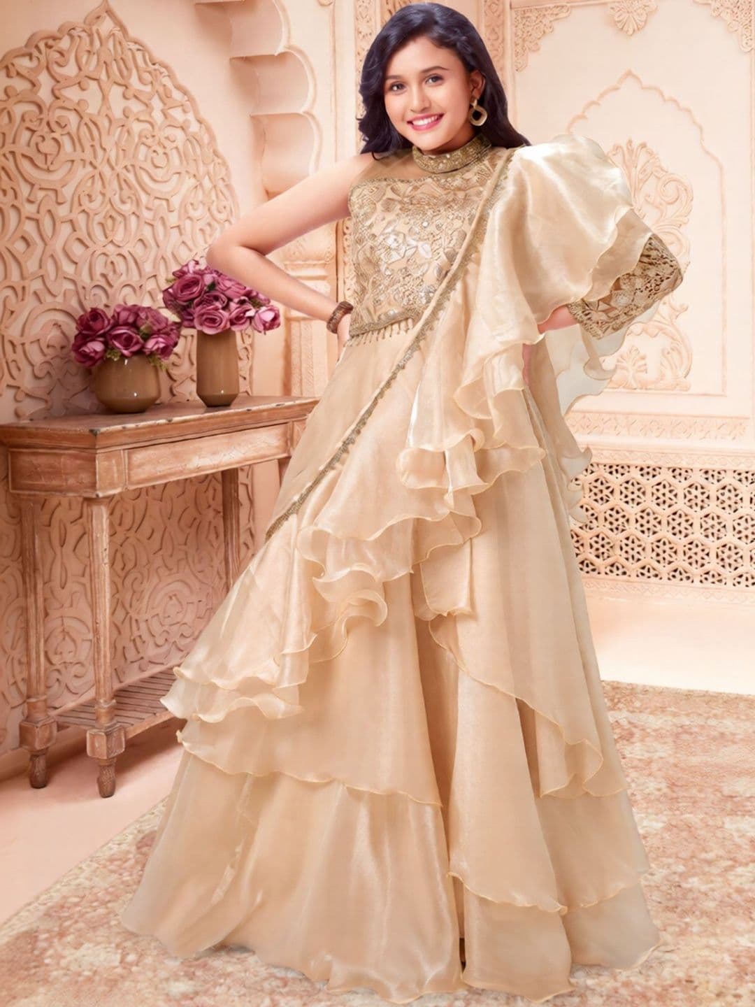 Lagorii Girls Embroidered Sequinned Semi-Stitched Lehenga & Blouse With Dupatta - view 1