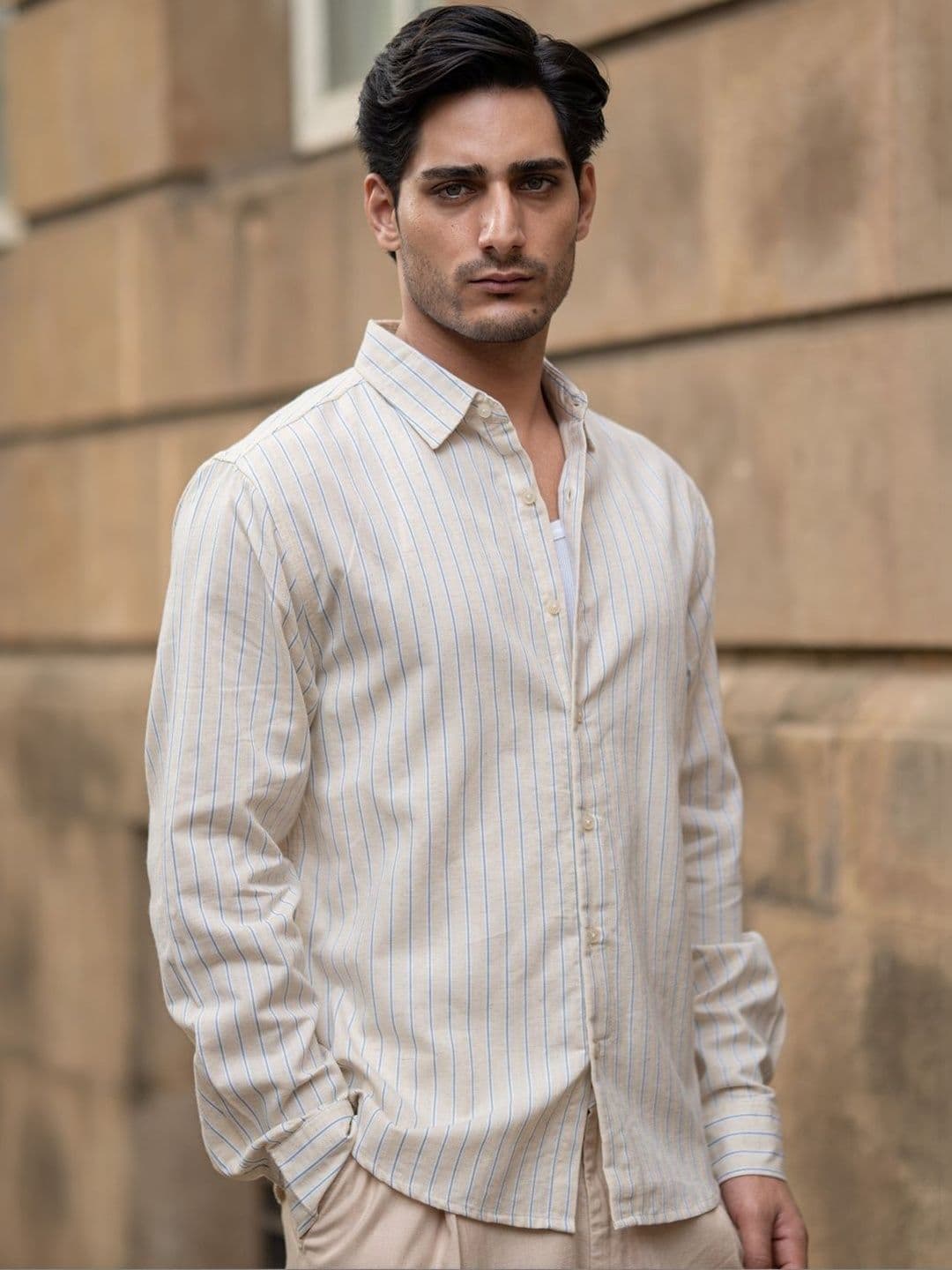 Powerlook Linen Horizontal Stripes Cotton Long Sleeves Shirt - view 1