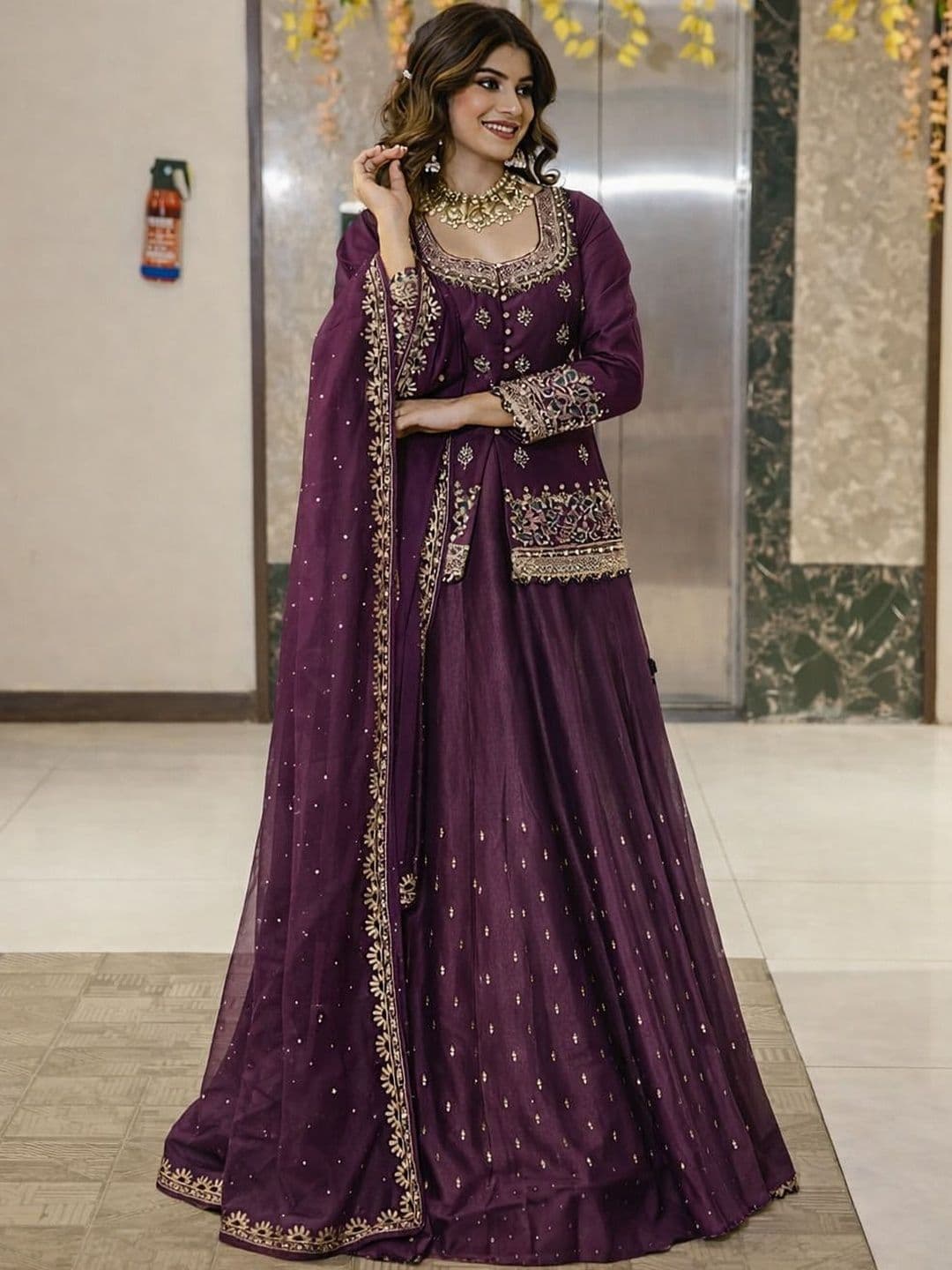 KRYSAL Motifs Embroidered Gotta Patti Chanderi Silk Kurta with Skirt & With Dupatta - view 1