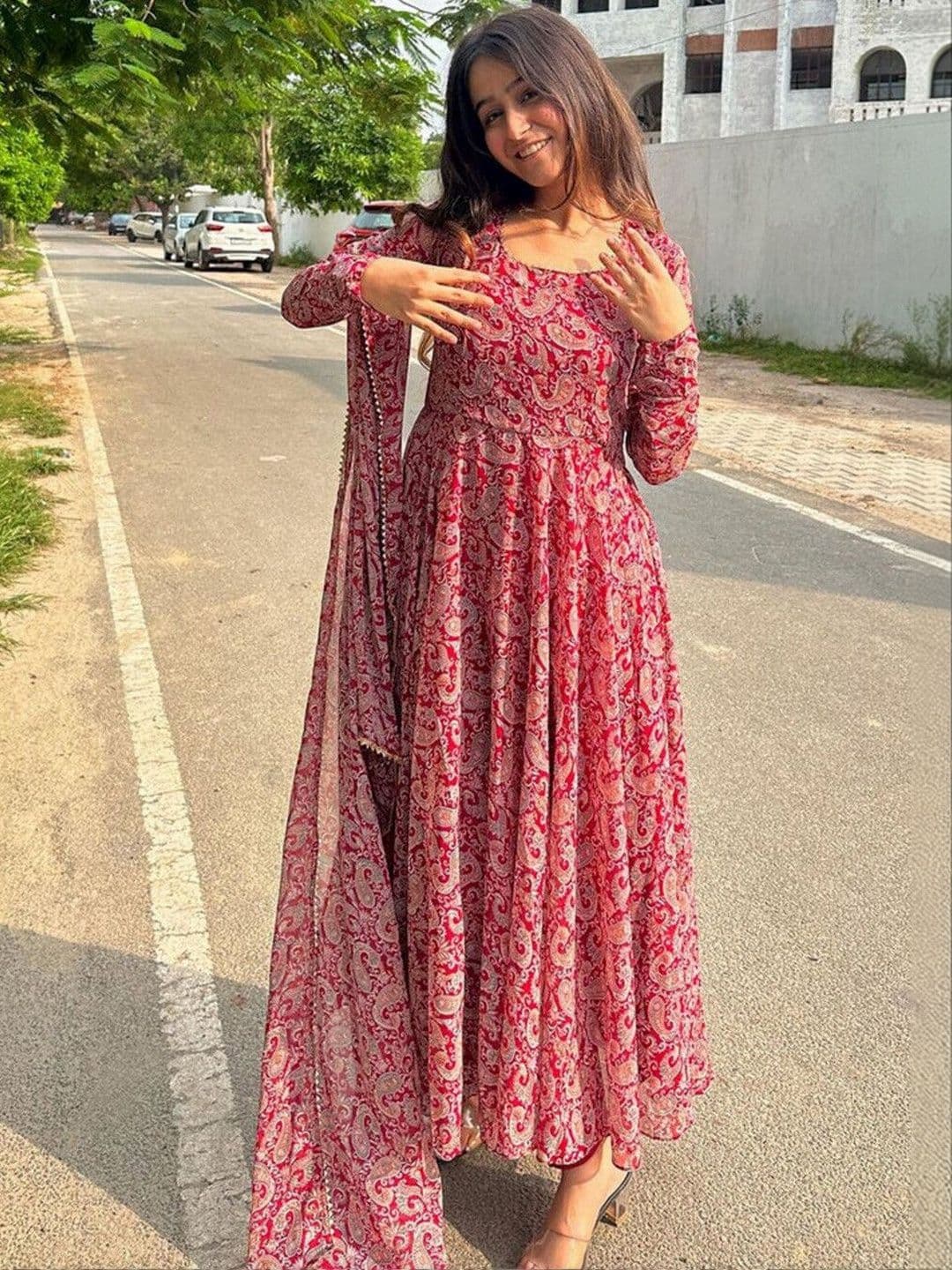 Krunal Raiyani Women Printed Crepe Anarkali Kurta - view 1