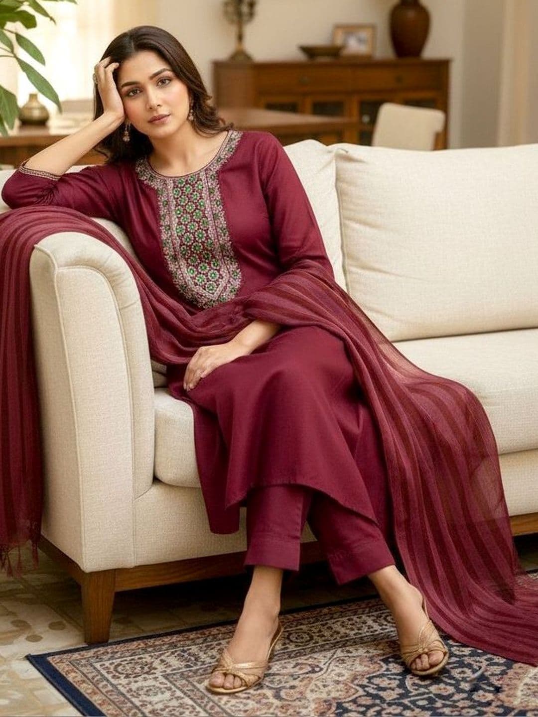 BILANZA Women Ethnic Motifs Embroidered Regular Thread Work Kurta with Trousers & With Dupatta - view 1