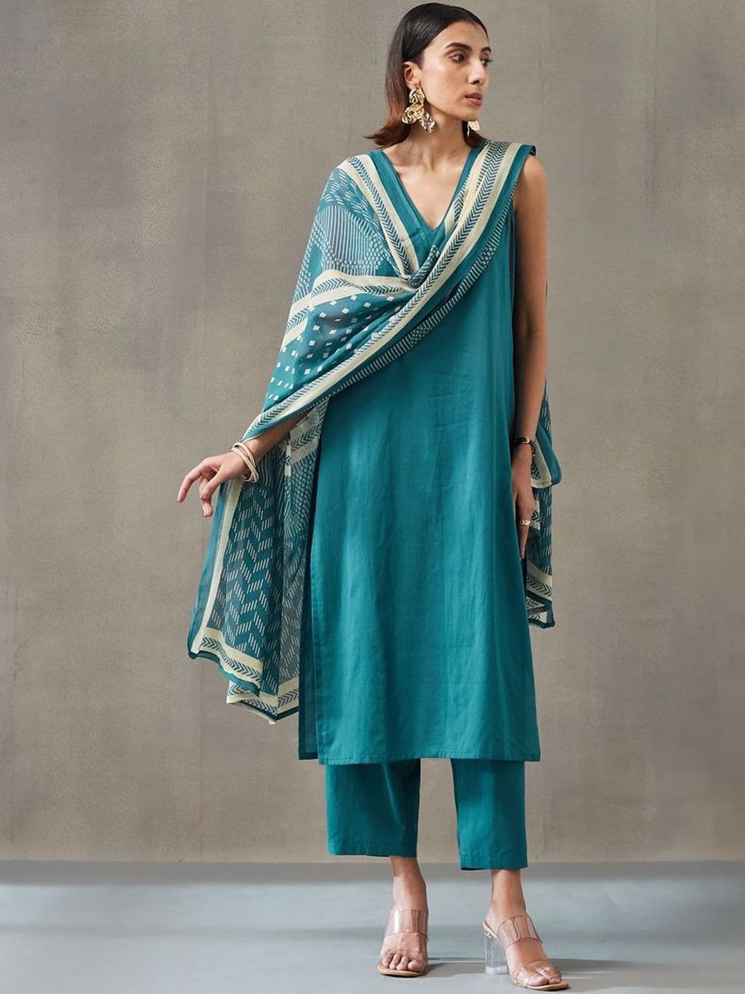 Navibhu Women Ethnic Motifs Regular Pure Cotton Work Set Kurta with Trousers & With Dupatta - view 1