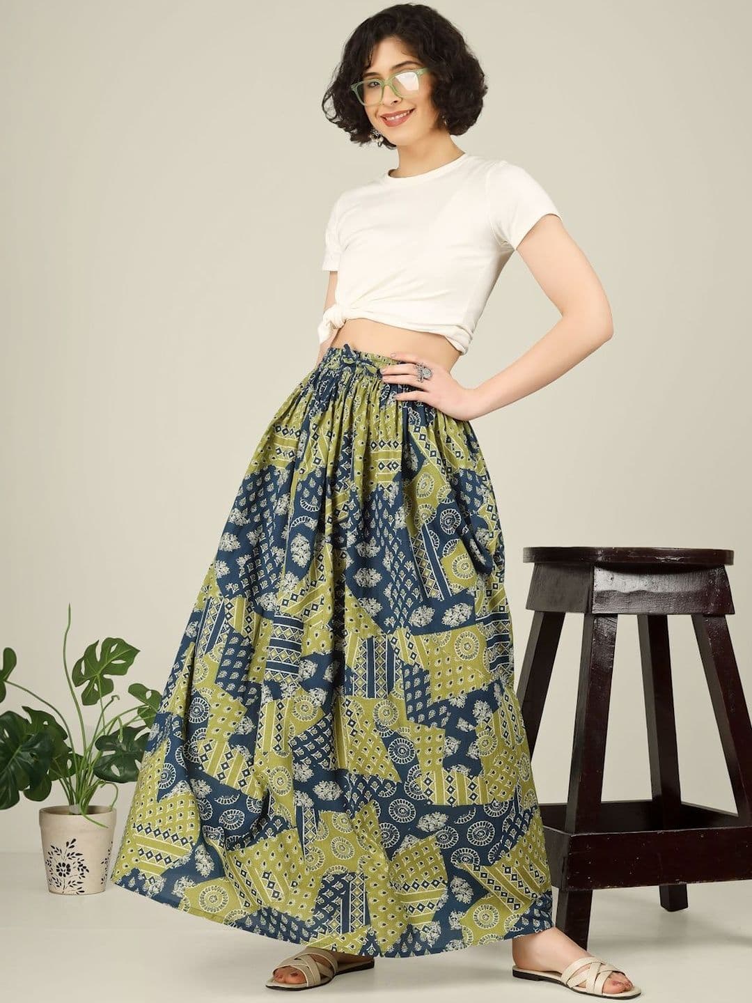 SPARSA Women Pure Cotton Cotton Cambric Abstract Maxi Flared Skirt - view 1