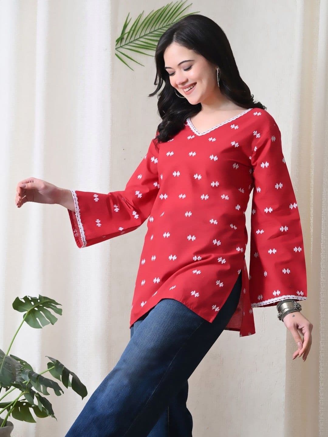 BKApparels Ethnic Motifs Printed V-Neck Flared Sleeves Pure Cotton Kurti - view 1