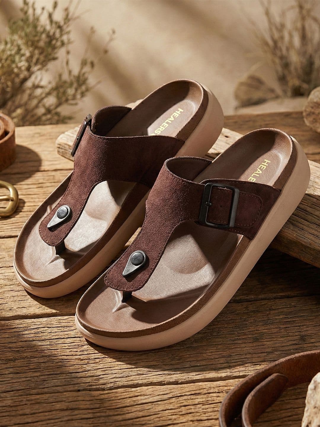Liberty Healers Men Black & Dark Brown Faux Suede Slip-On Thong Flip-Flops - view 1