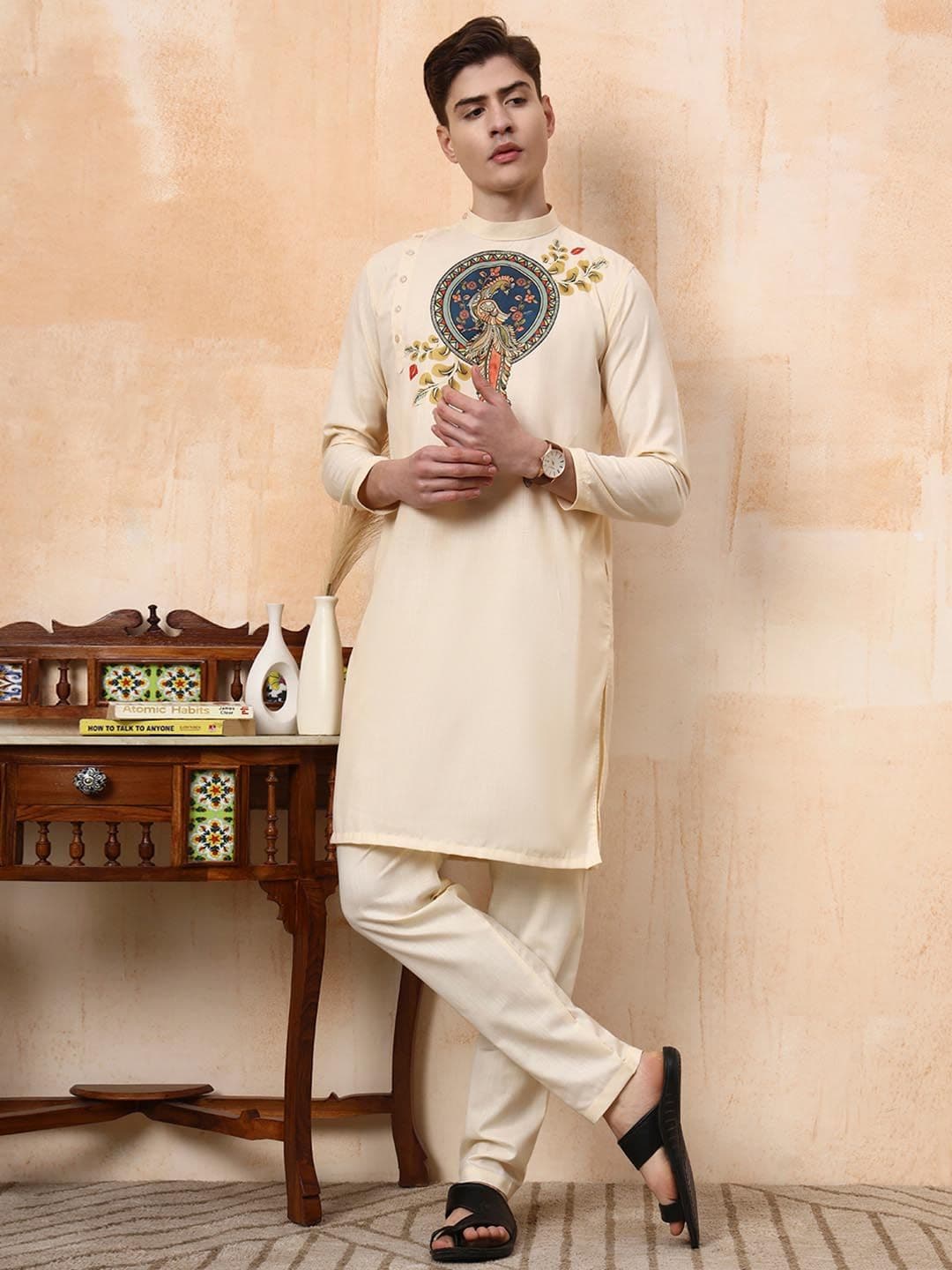 DEVOILER Beige Floral Printed Regular Cotton Straight Kurta - view 1