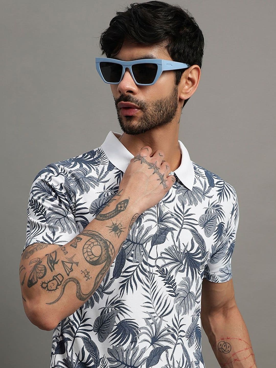 SZN Men Floral Printed Polo Collar Tropical T-shirt - view 1