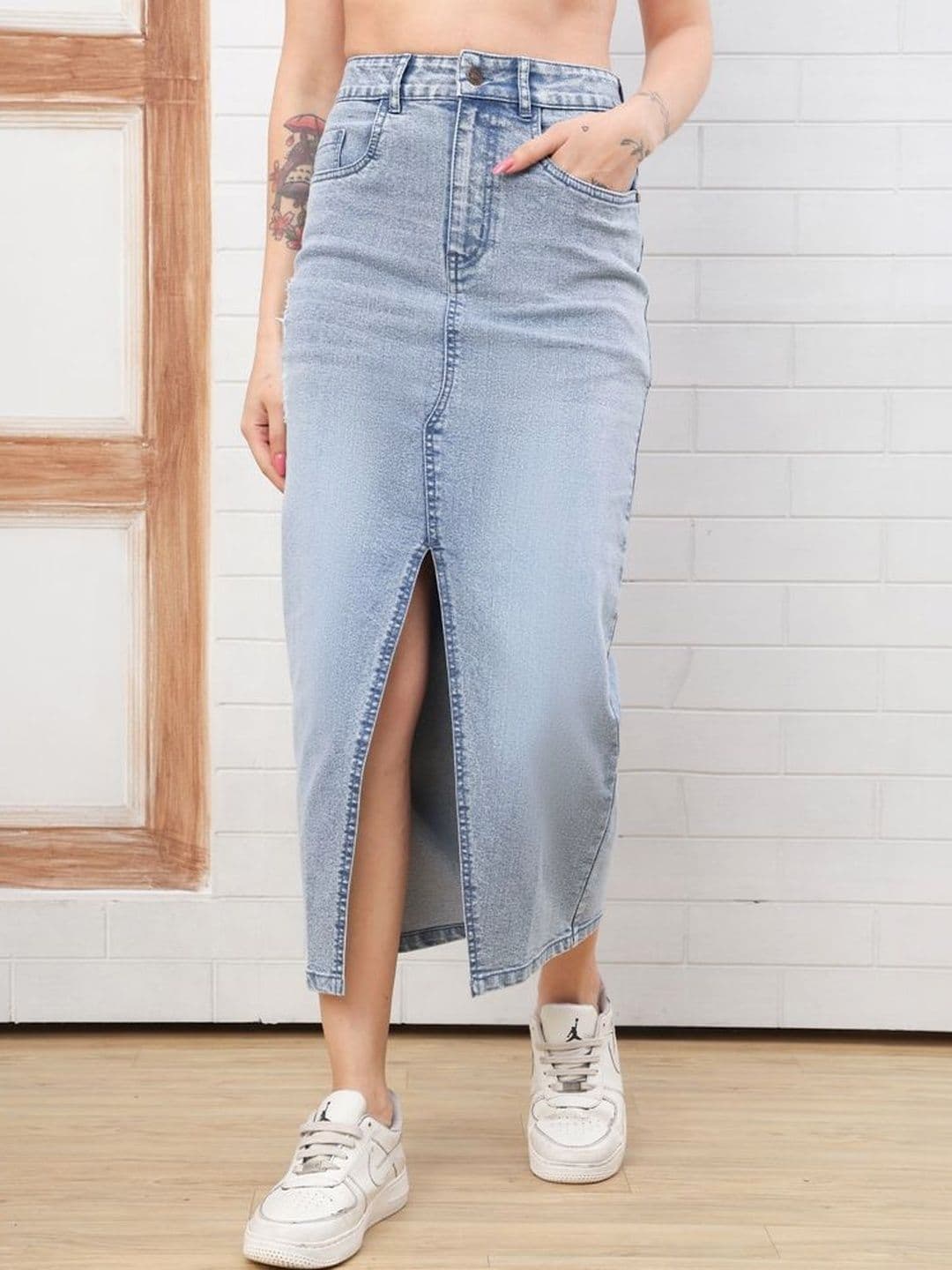 DOZER Women Denim Blend Front Slit Midi Straight Skirt - view 1