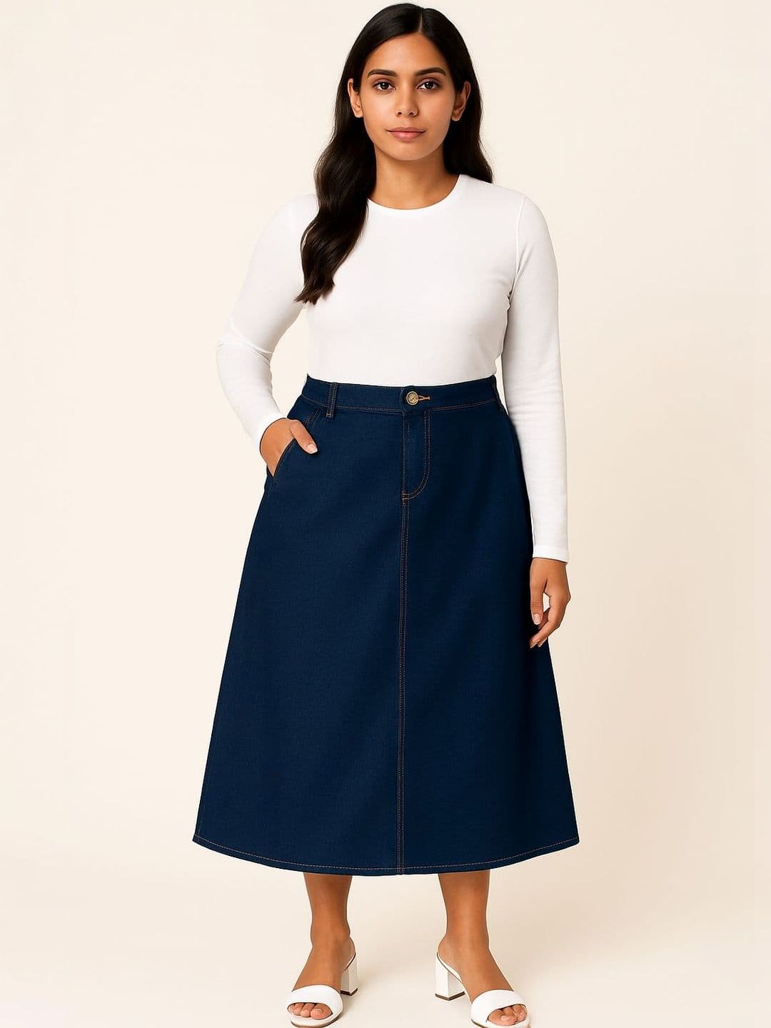 Tripursundari Fashion Denim Mid-Waist A-Line Maxi Skirt - view 1