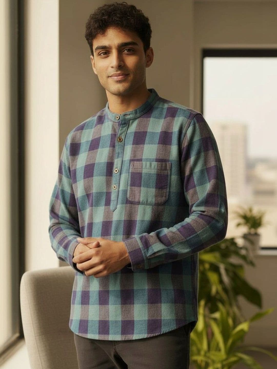 Cot'N Soft Men Checked Thread Work Kurta - view 1