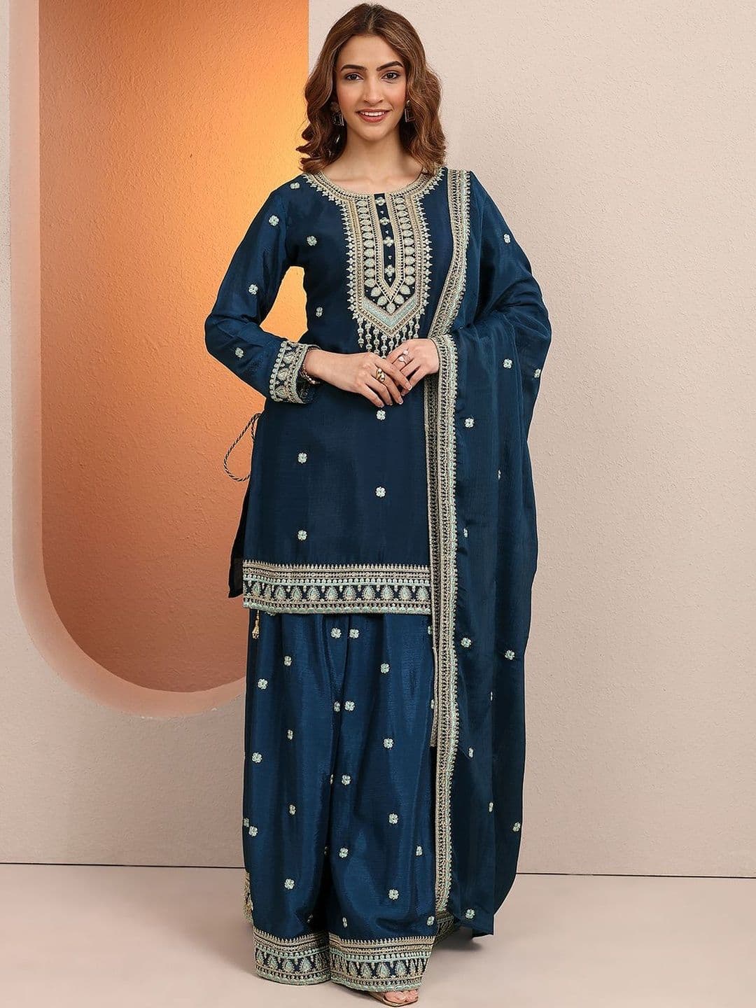 Libas Women Ethnic Motifs Embroidered Regular Thread Work Kurta with Sharara & With Dupatta - view 1
