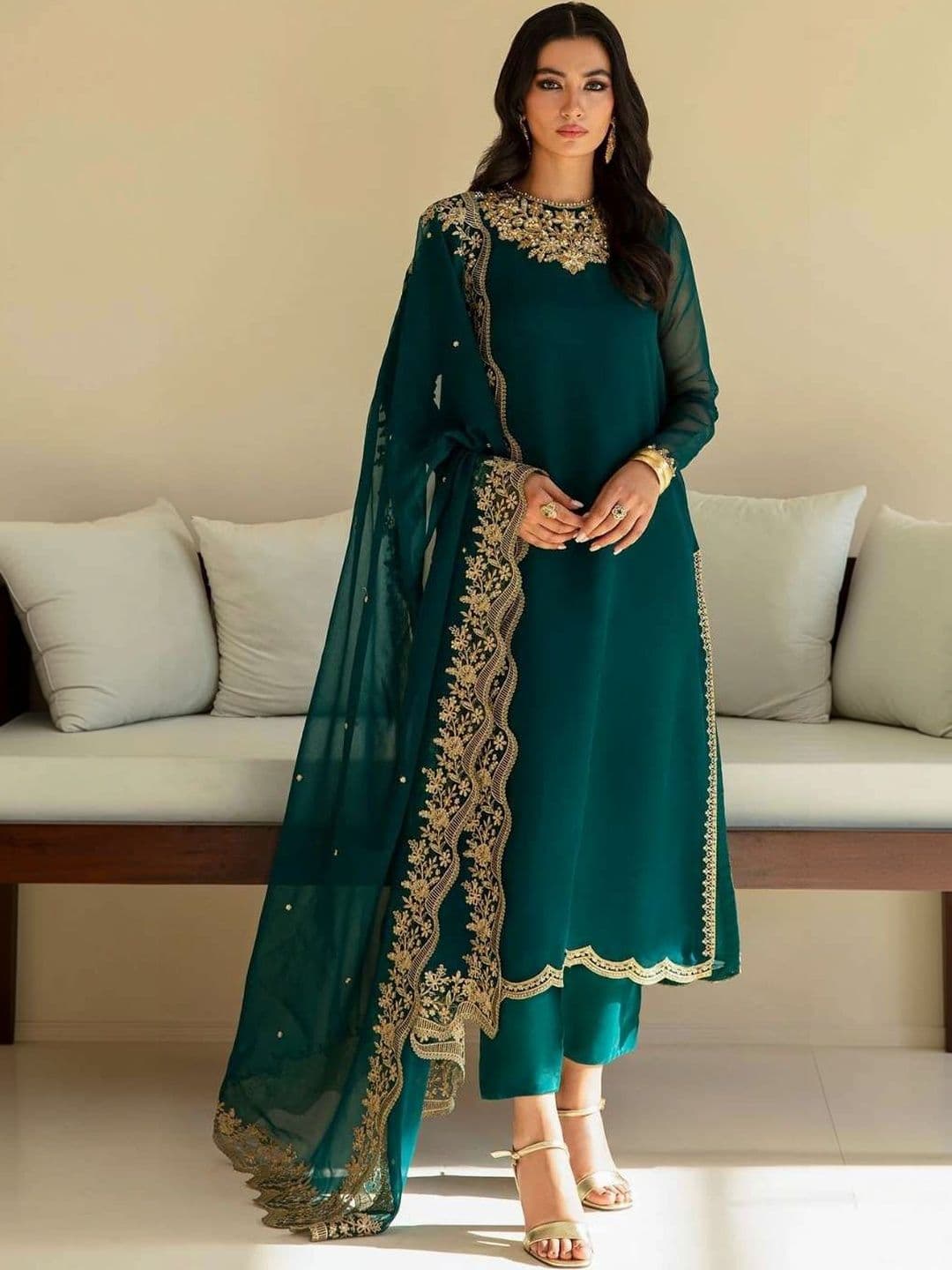 TRYAMBAKAM Women Ethnic Motifs Embroidered Regular Kurta with Trousers & With Dupatta - view 1