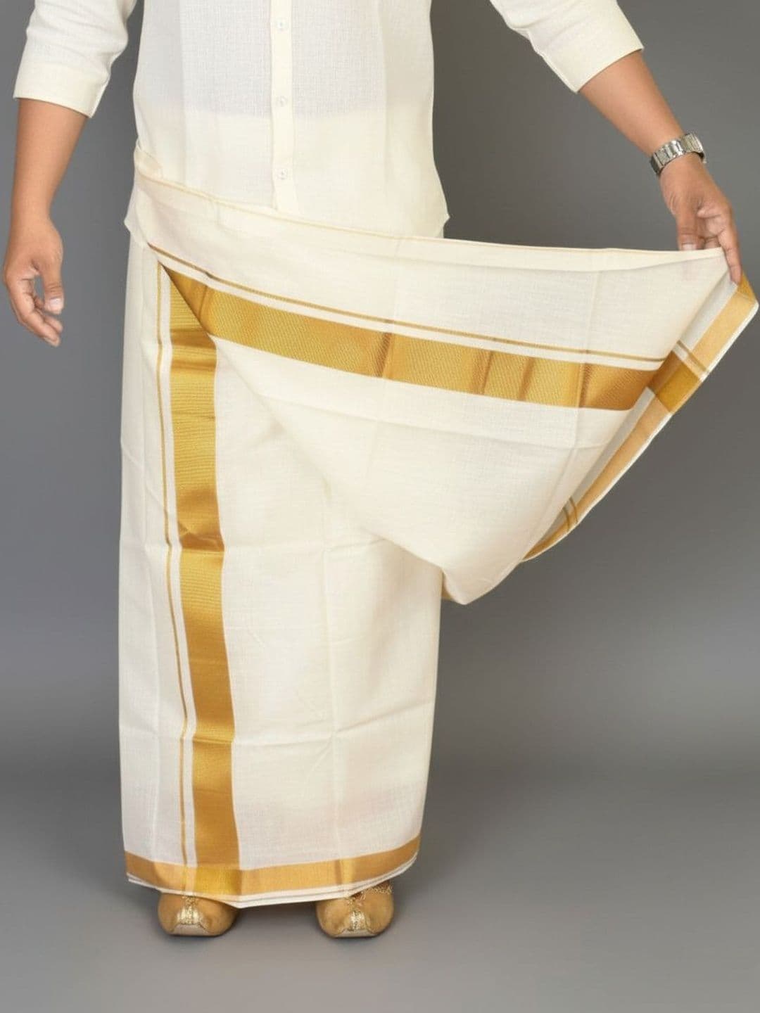 TUNI MANI Men Cotton Dhoti with Zari Border - view 1
