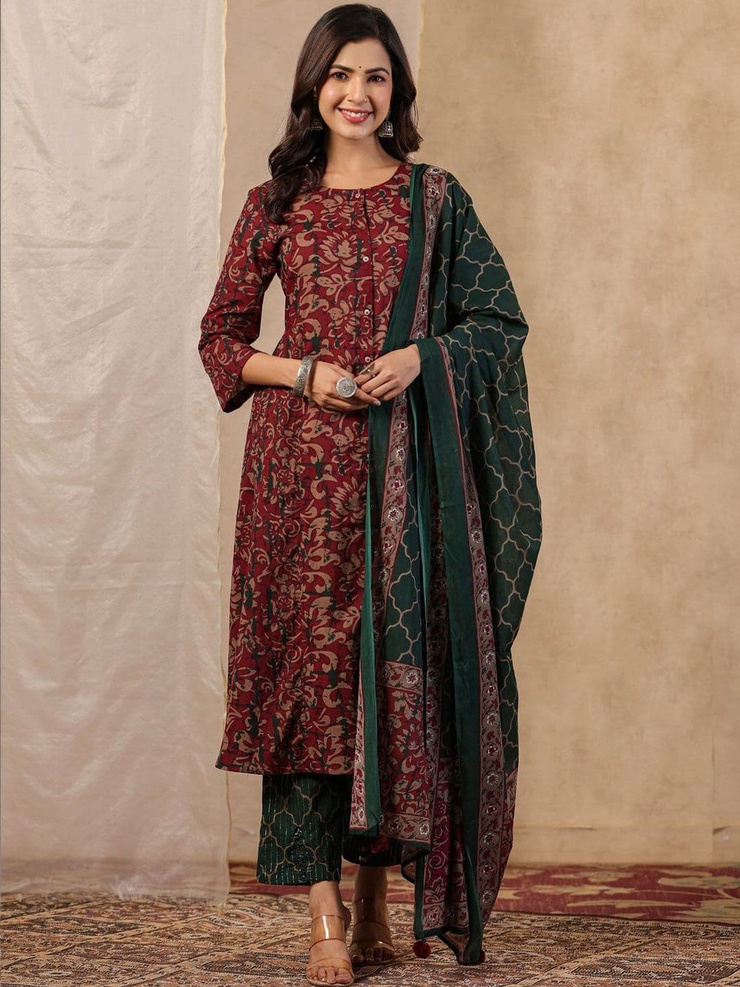 SANSKRUTIHOMES Ethnic Motifs Printed Panelled Kurta Trouser Set With Dupatta - view 1
