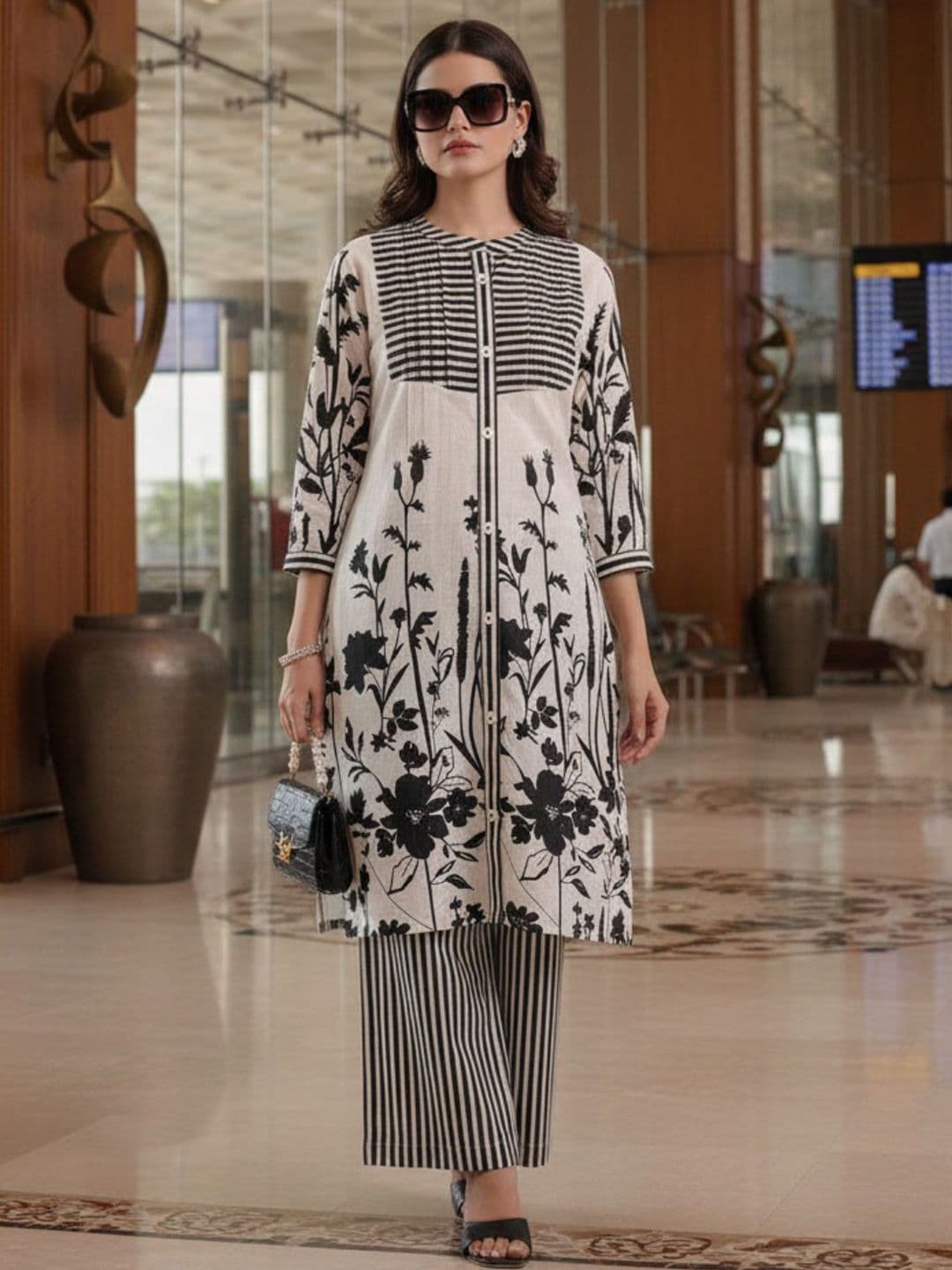 KALINI Printed Mandarin Collar Neck Tunic With Trousers Co-Ords - view 1