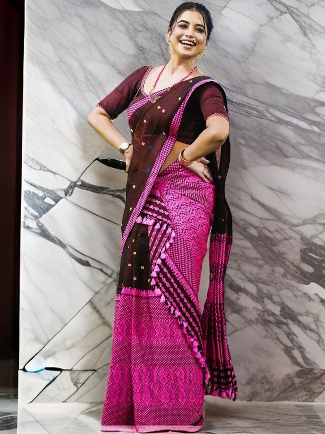 GRUJHA Woven Design Poly Mixpat Silk Mekhela Chador Assamese Saree - view 1