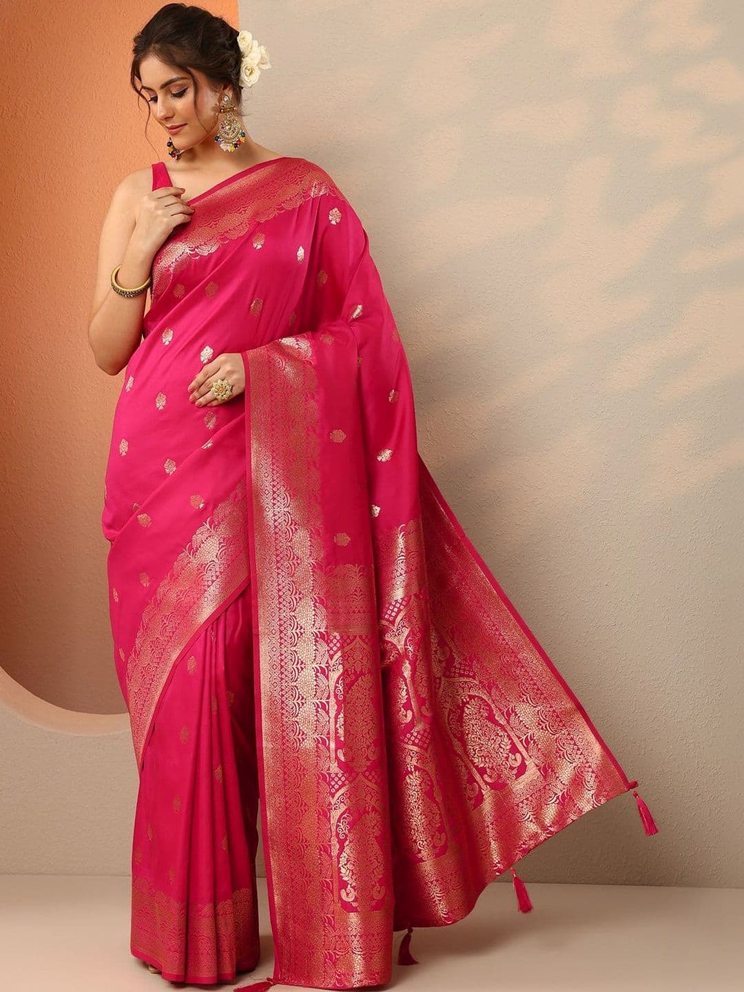 Libas Pink Woven Design Banarasi Saree With Unstitched Blouse Piece - view 1