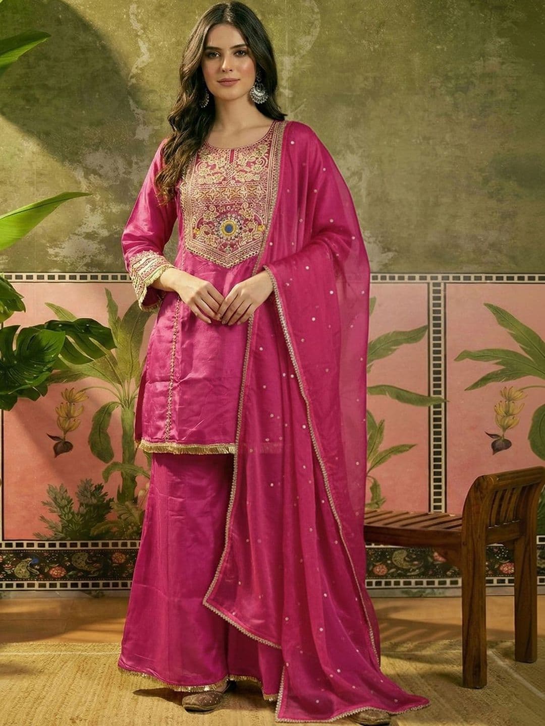 Sangria Embroidered Round Neck Straight Kurti & Palazzos With Dupatta - view 1