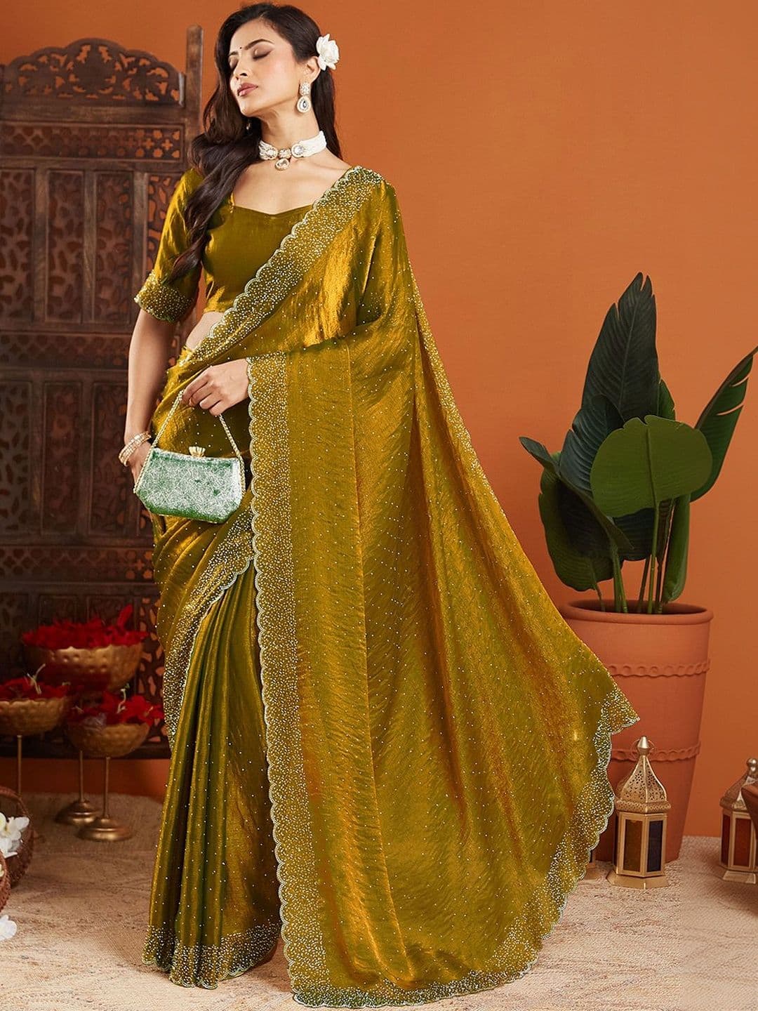 Urban Pallu Embellished Beads and Stones Organza Heavy Work Saree - view 1