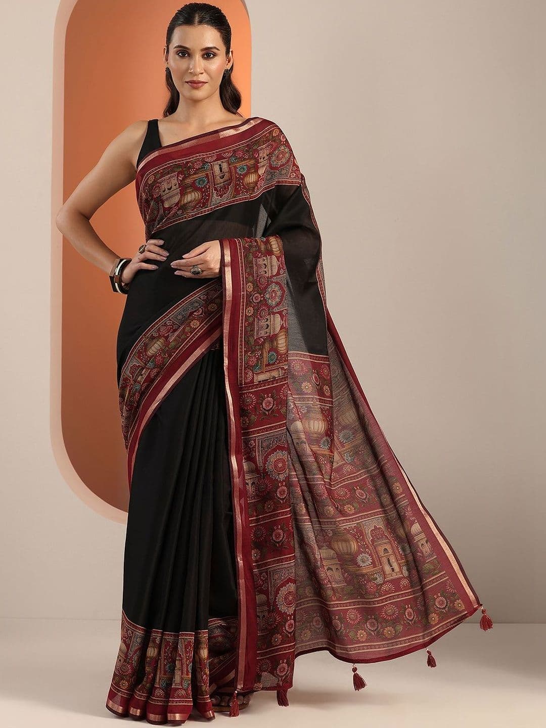 Libas Black Solid Cotton Blend Saree With Unstitched Blouse Piece - view 1