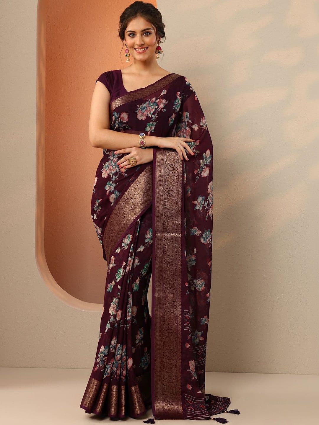 Libas Burgundy Printed Georgette Saree With Unstitched Blouse Piece - view 1