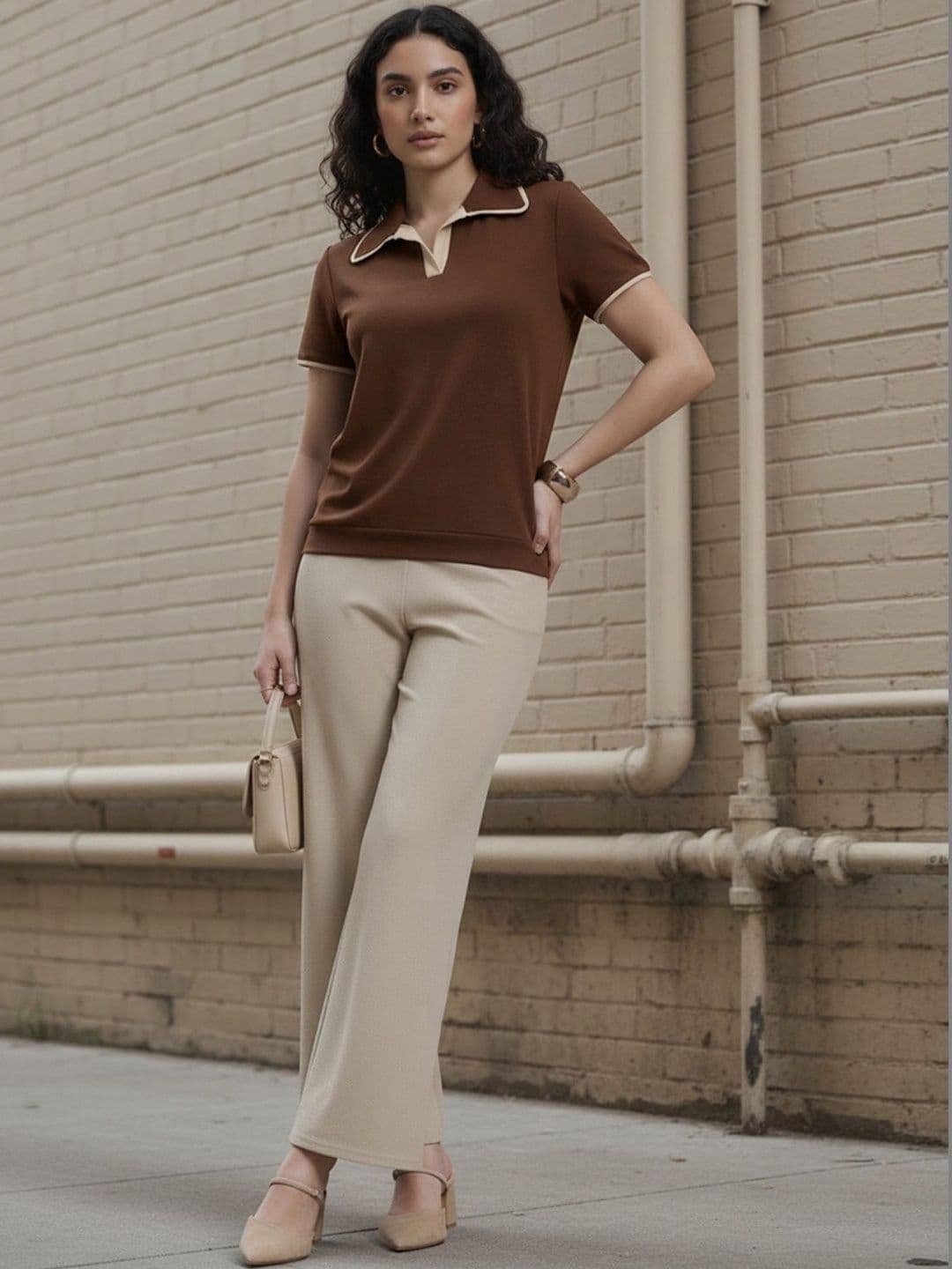 glitchez Brown Polo Collar Top & Beige Trousers Co-Ords - view 1