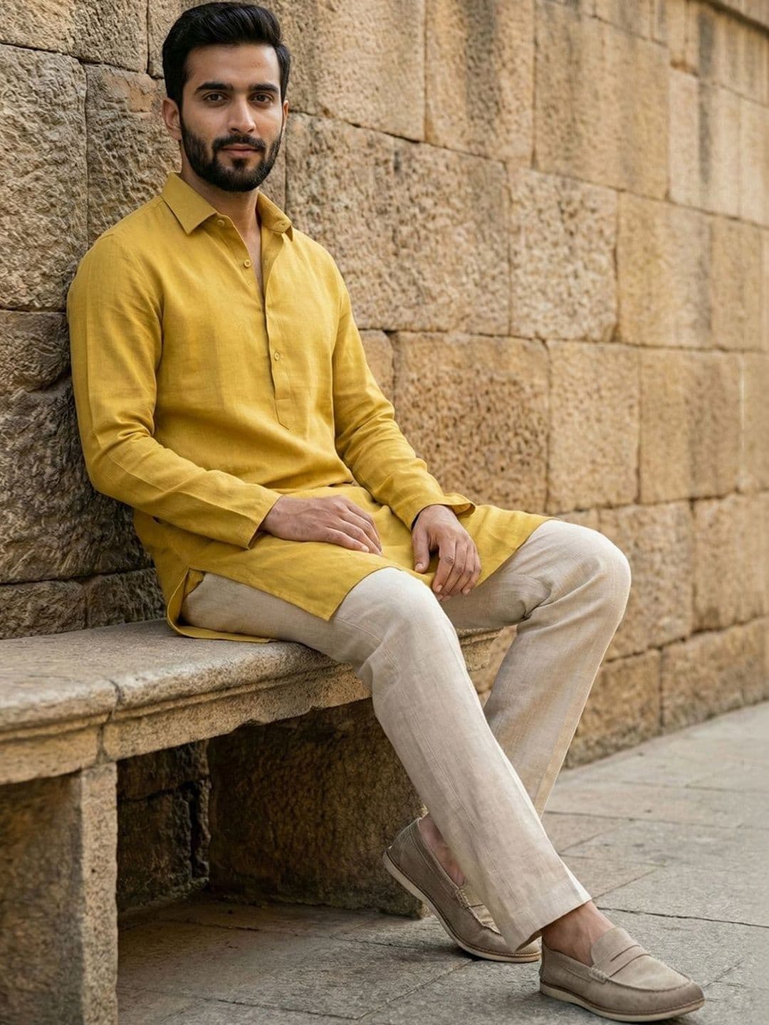 CHHAAP Mandarin Full Striped Cotton Straight Above Knee Kurta - view 1