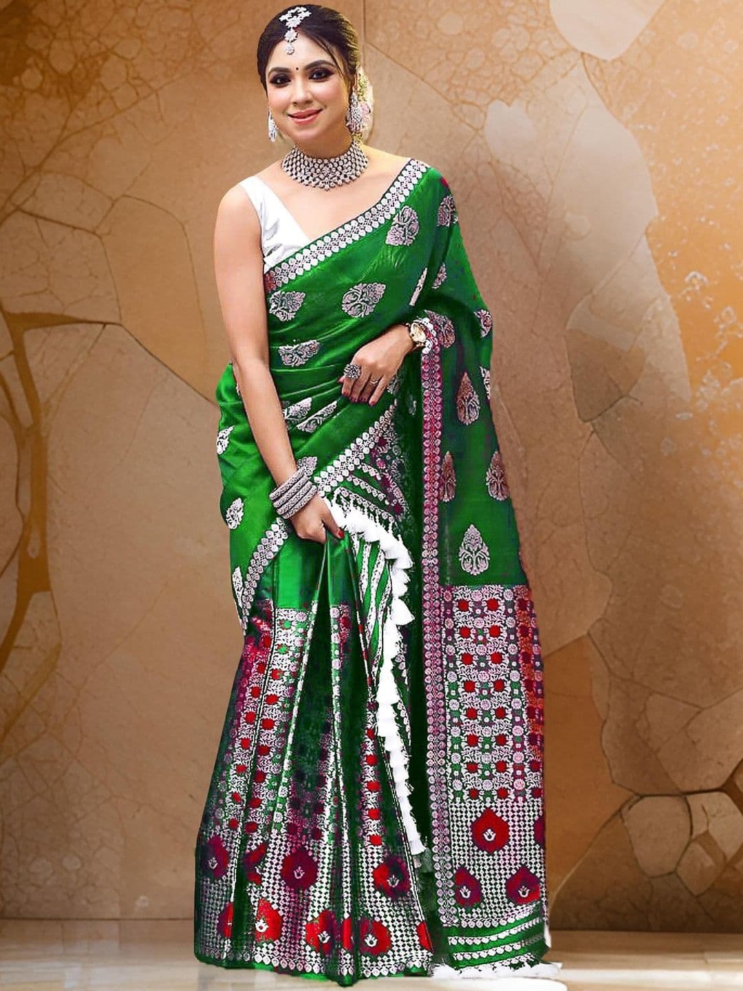 GRUJHA Paat Silk Copper Zari Woven Design Assamese Mekhela Chador - view 1