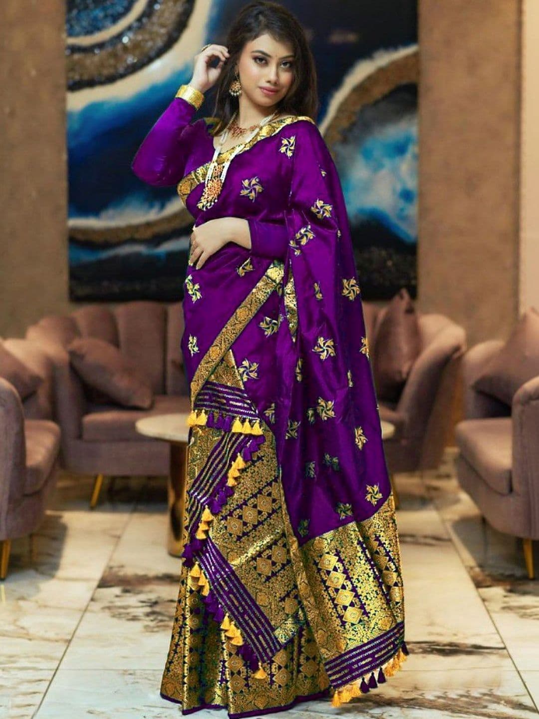 GRUJHA Paat Silk Copper Zari Woven Design Assamese Mekhela Chador - view 1