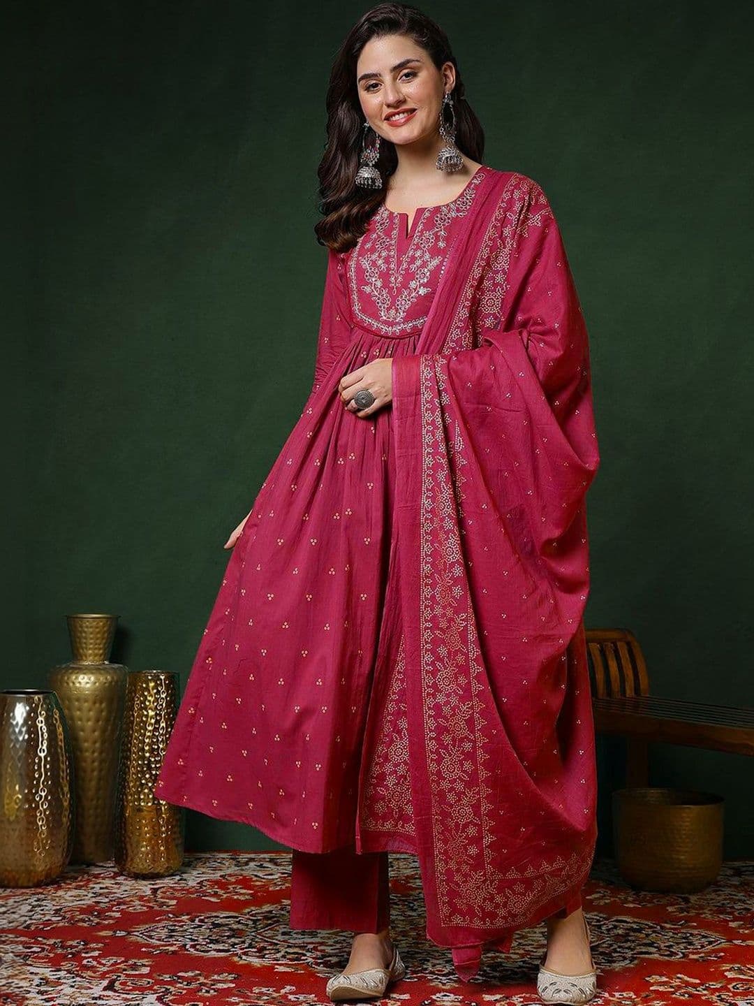 PARTHVI Ethnic Motifs Embroidered Pure Cotton Kurta with Trousers & With Dupatta - view 1