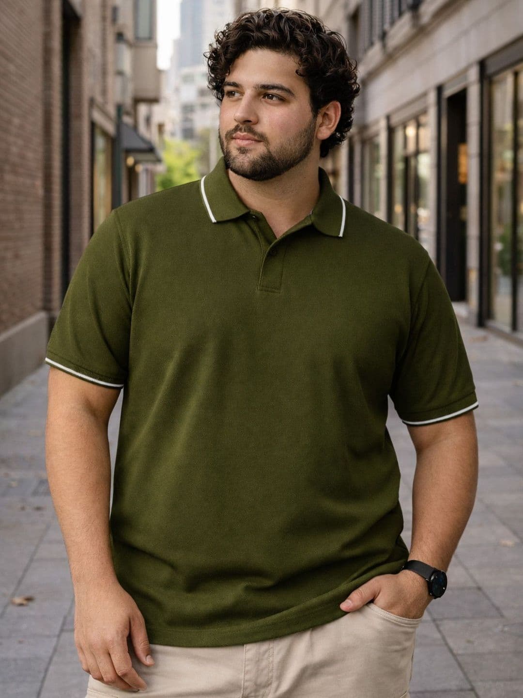 VEIRDO Men Olive Solid Pure Cotton Plus Size Polo Collar T-shirt - view 1