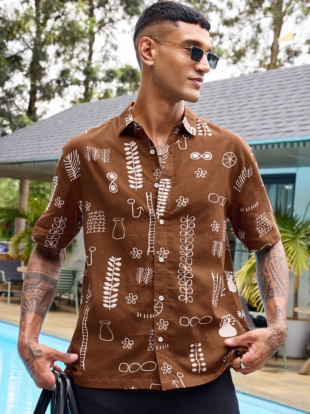 Bewakoof Men's Rust Red All Over Printed Oversized Shirt - view 1
