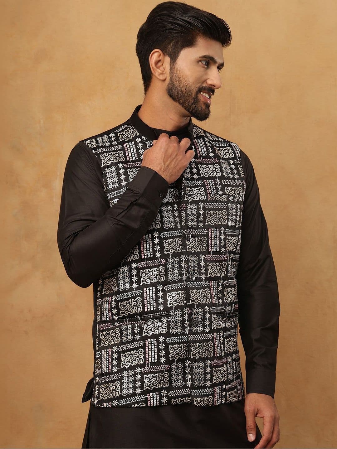 Jompers Embroidered Satin Sleeveless Nehru Jackets - view 1