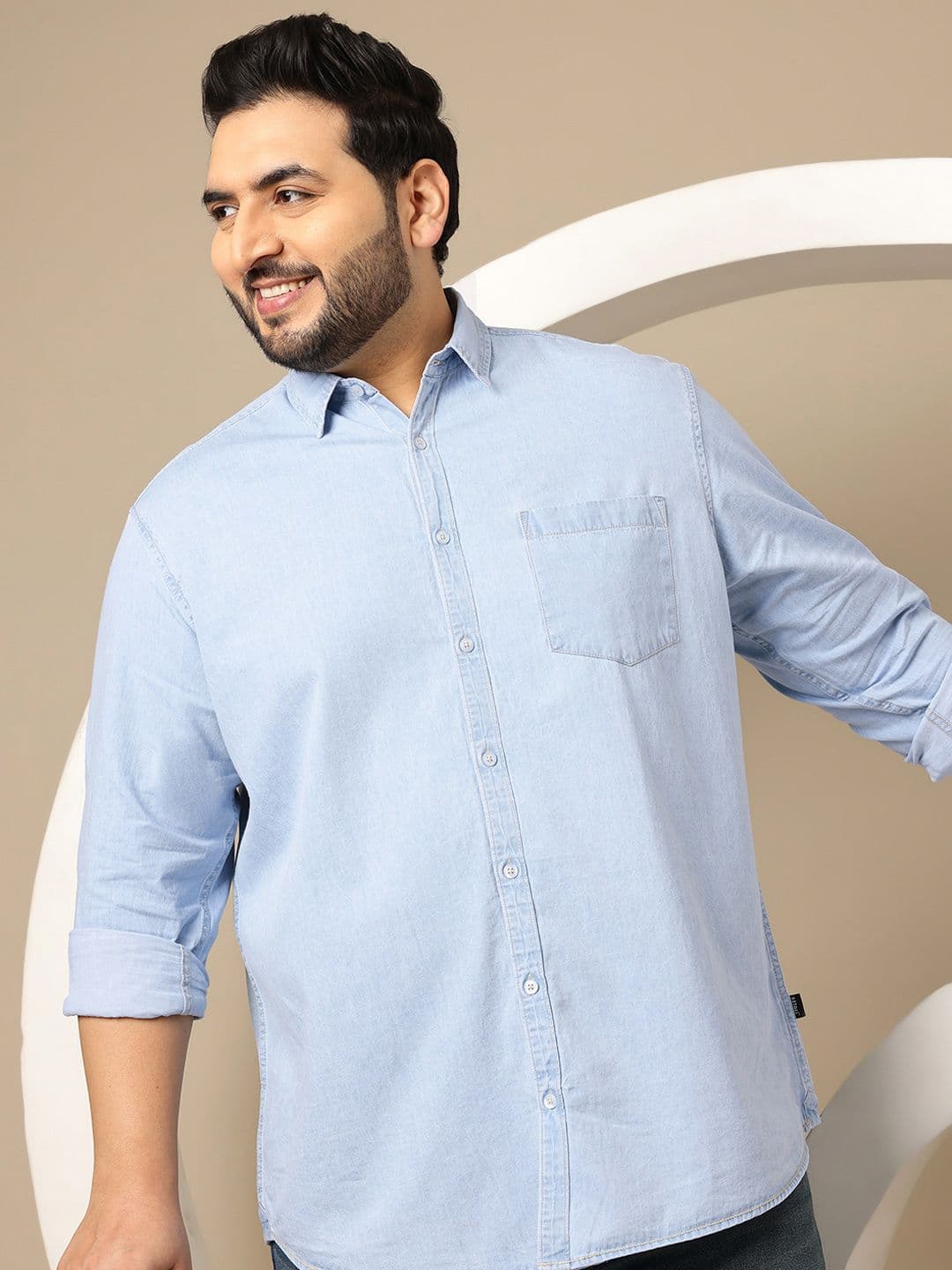 Sztori Plus Size Spread Collar Denim Pure Cotton Shirt - view 1