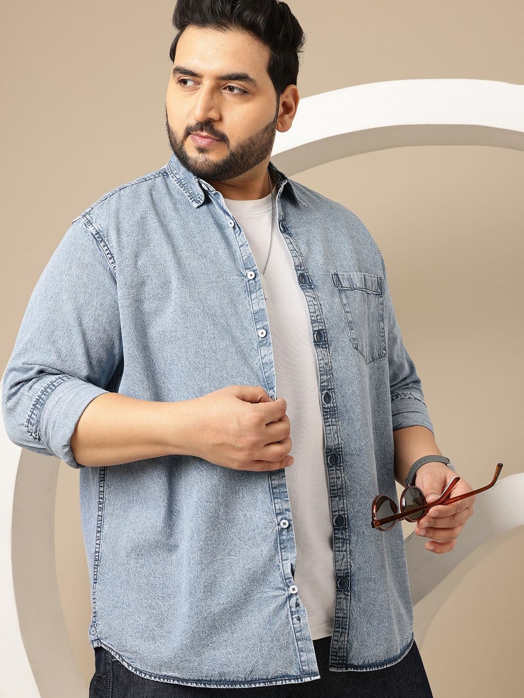 Sztori Plus Size Spread Collar Denim Pure Cotton Shirt - view 1