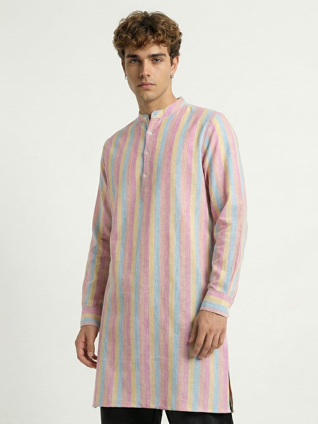 Anouk Rustic Striped Band Collar Cuffed Sleeves Straight Kurta - view 1