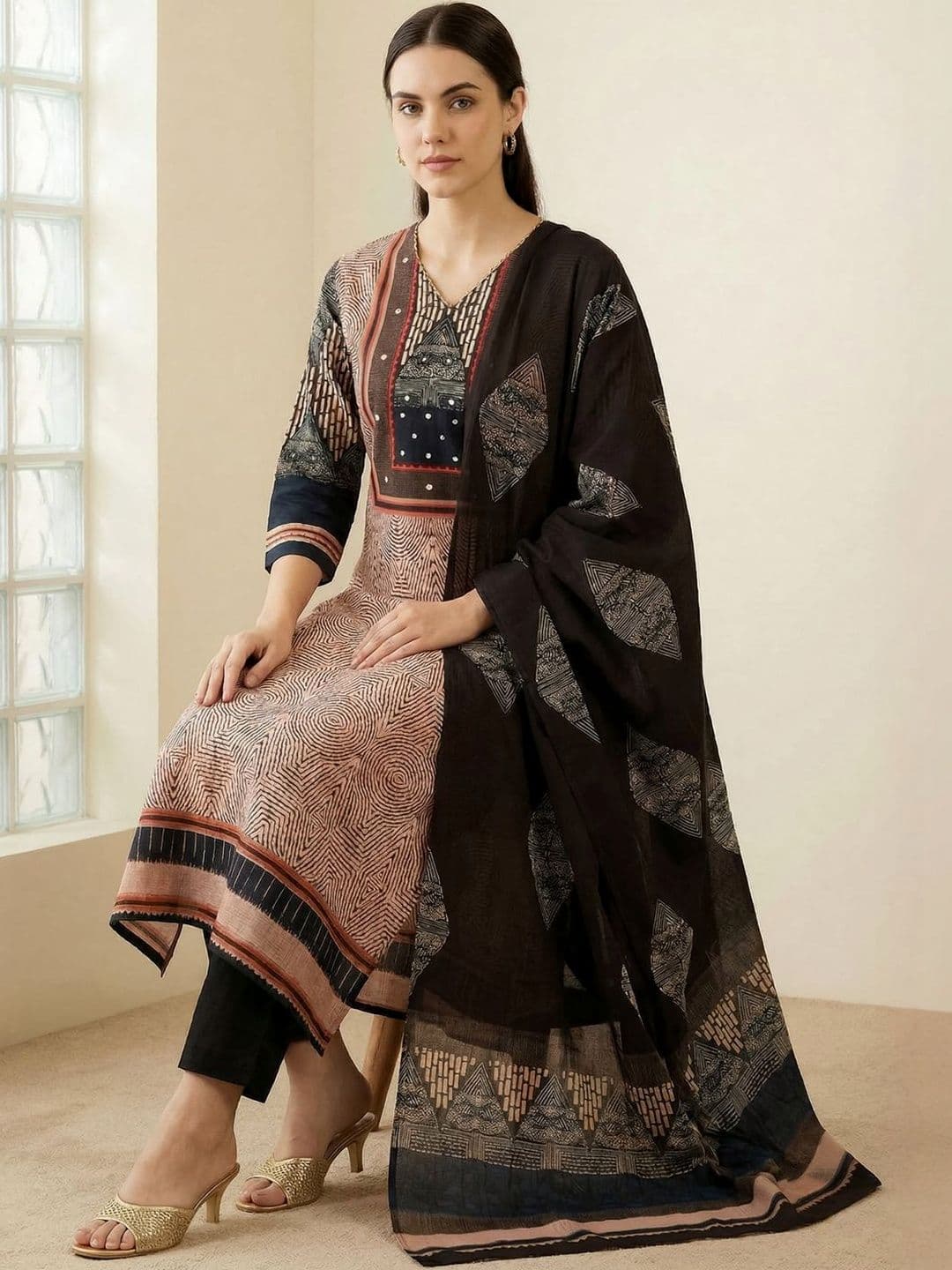 Indo Era Women Printed Regular Beads and Stones Pure Cotton Kurta with Trousers & With Dupatta - view 1