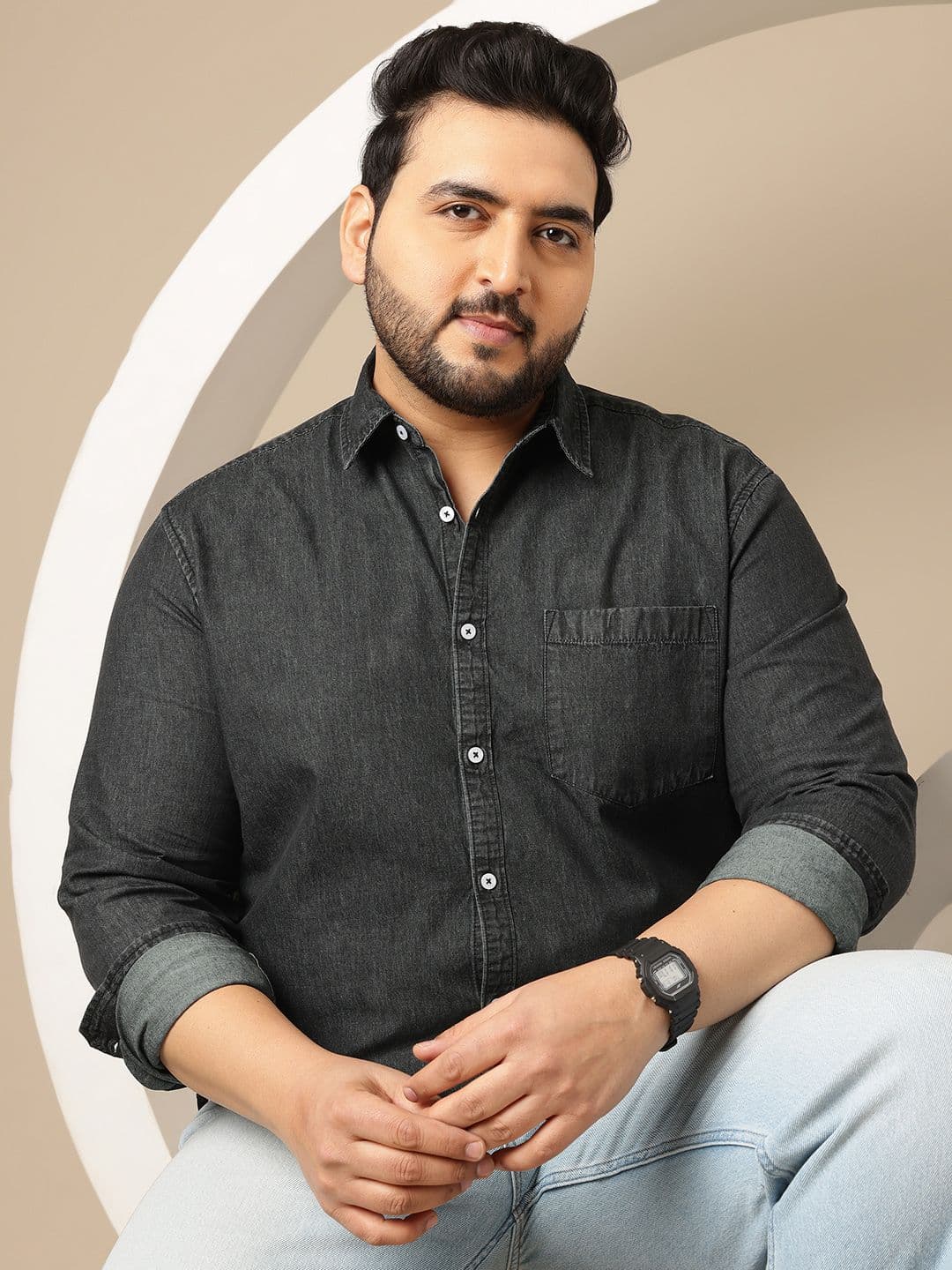Sztori Plus Size Spread Collar Chambray Pure Cotton Shirt - view 1