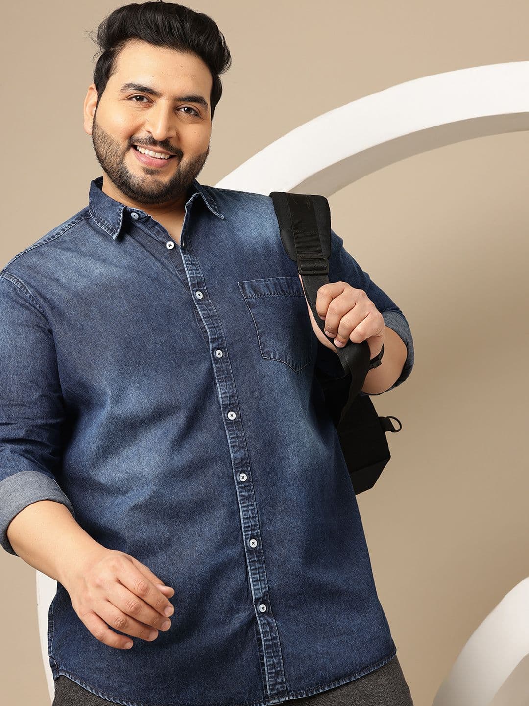 Sztori Plus Size Washed Effect Spread Collar Denim Pure Cotton Shirt - view 1