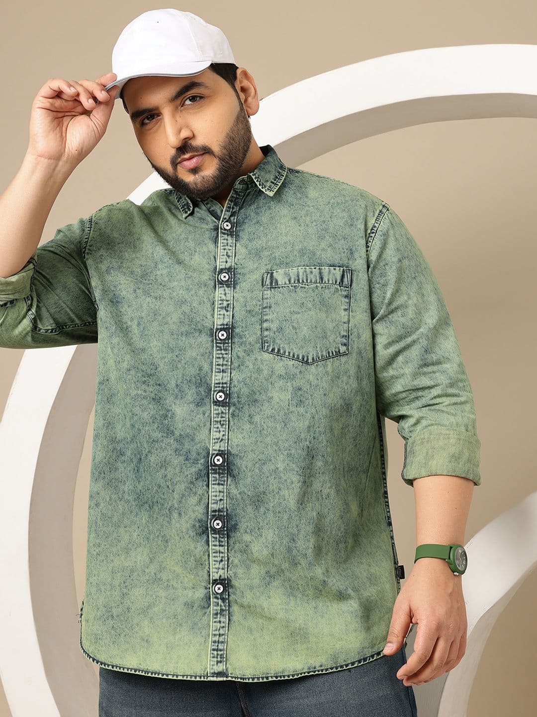 Sztori Plus Size Washed Effect Spread Collar Denim Pure Cotton Shirt - view 1