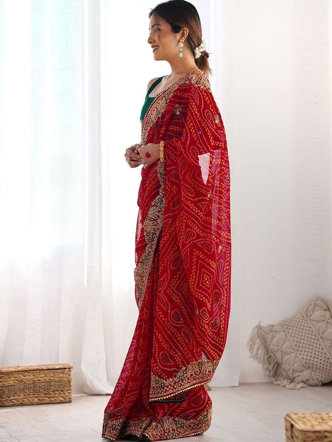 SANISA Bandhani Embroidered Poly Georgette Heavy Work Saree - view 1