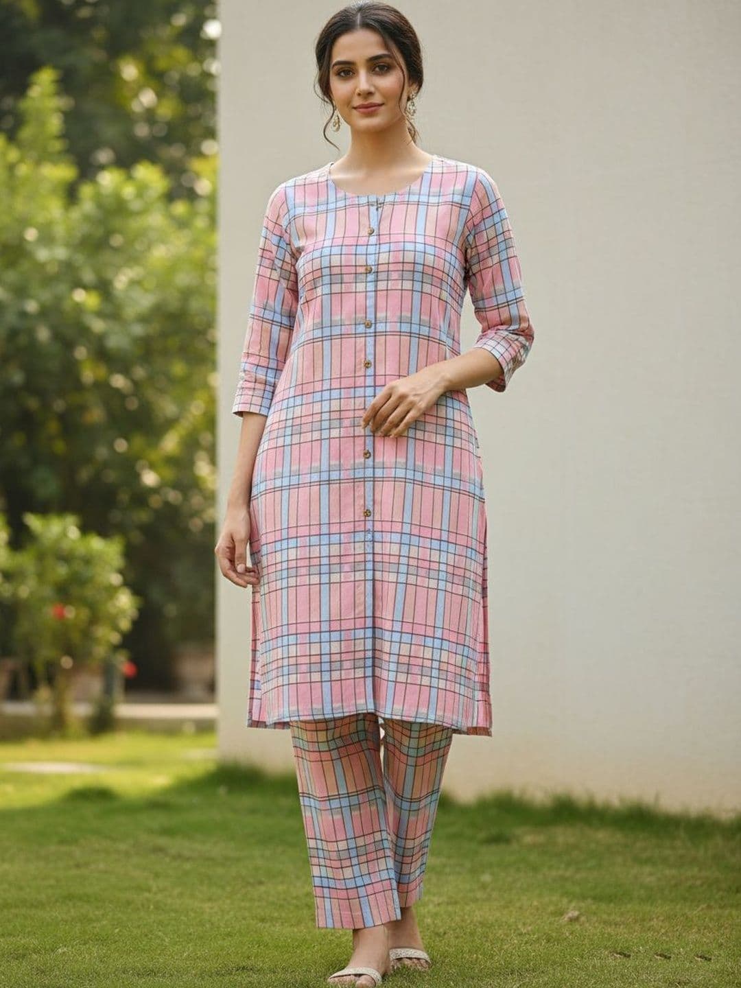 Gopi Prem Checked Round Neck Pure Cotton Straight Kurta With Trousers - view 1