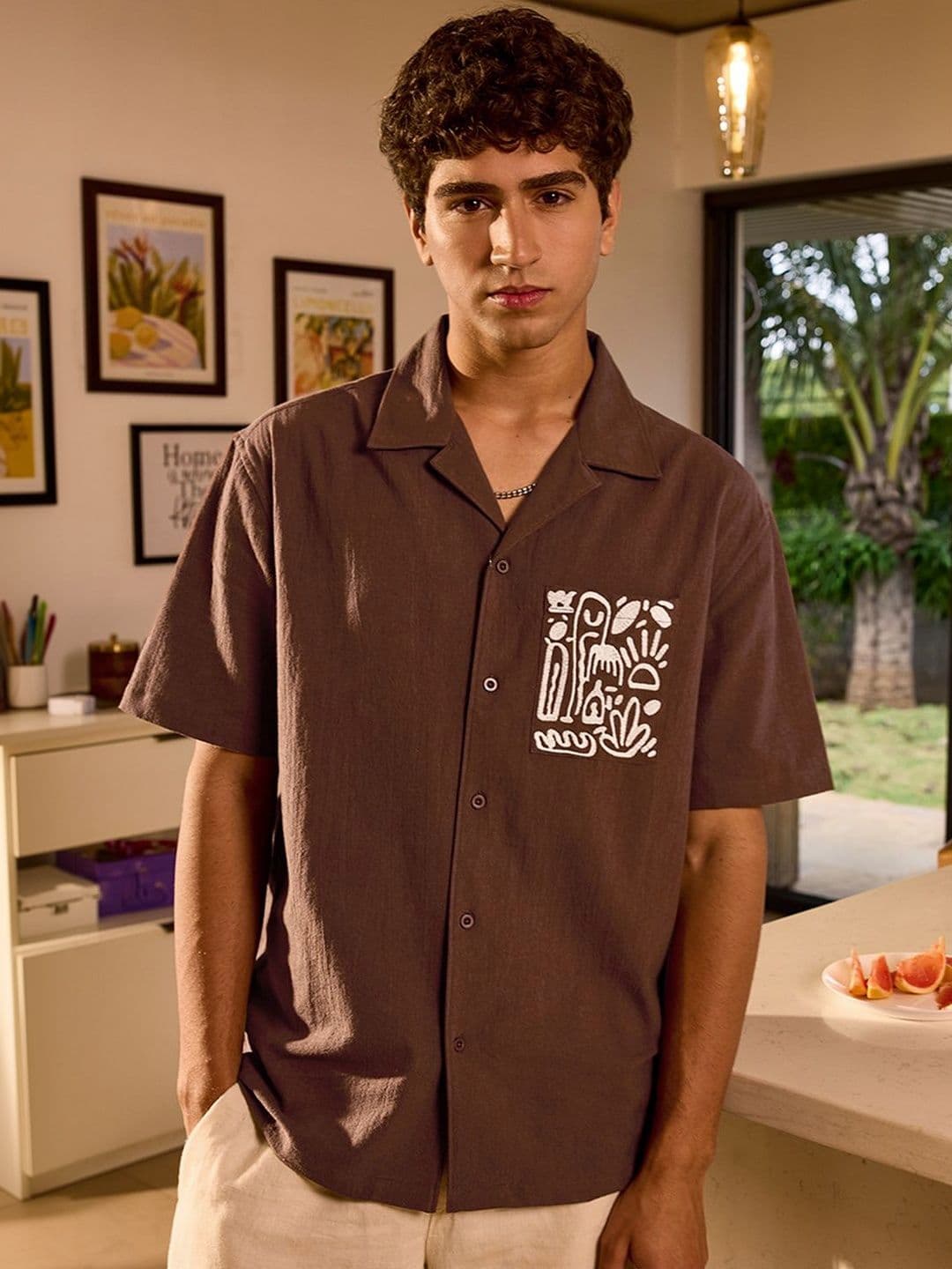 Bewakoof Men's Brown Embroidered Oversized Shirt - view 1