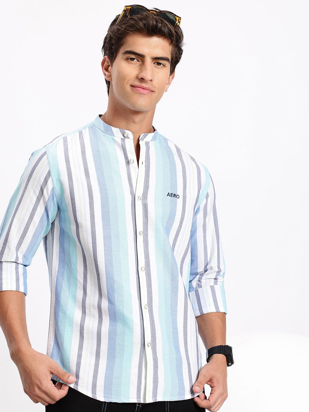 Aeropostale Striped Band Collar Pure Cotton Casual Shirt - view 1