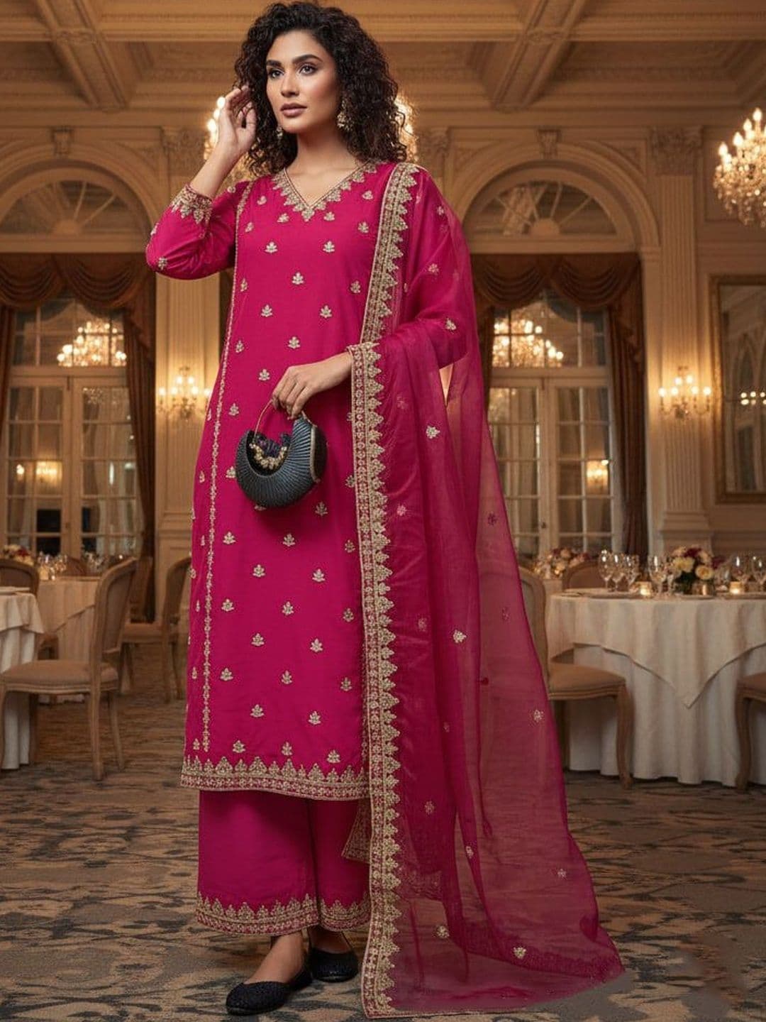 Ecolors Fab Women Ethnic Motifs Embroidered Regular Thread Work Chanderi Cotton Kurta with Palazzos & With - view 1