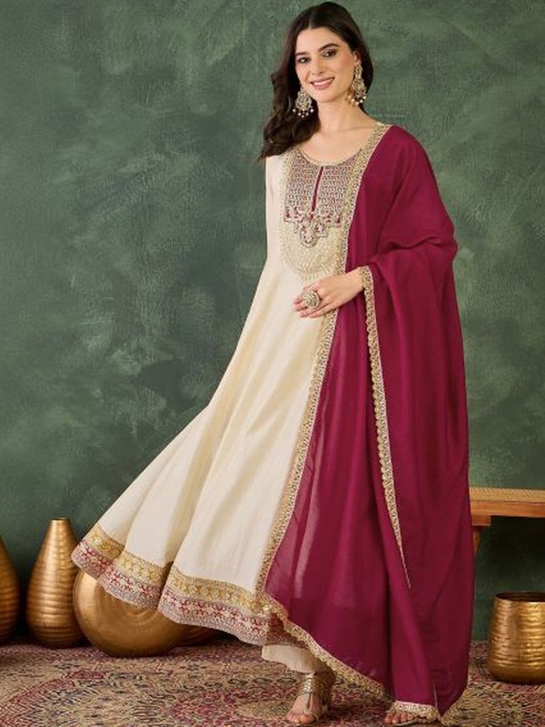 J.KANJI Women Ethnic Motifs Embroidered Panelled Dupion Silk Kurta with Trousers & With Dupatta - view 1