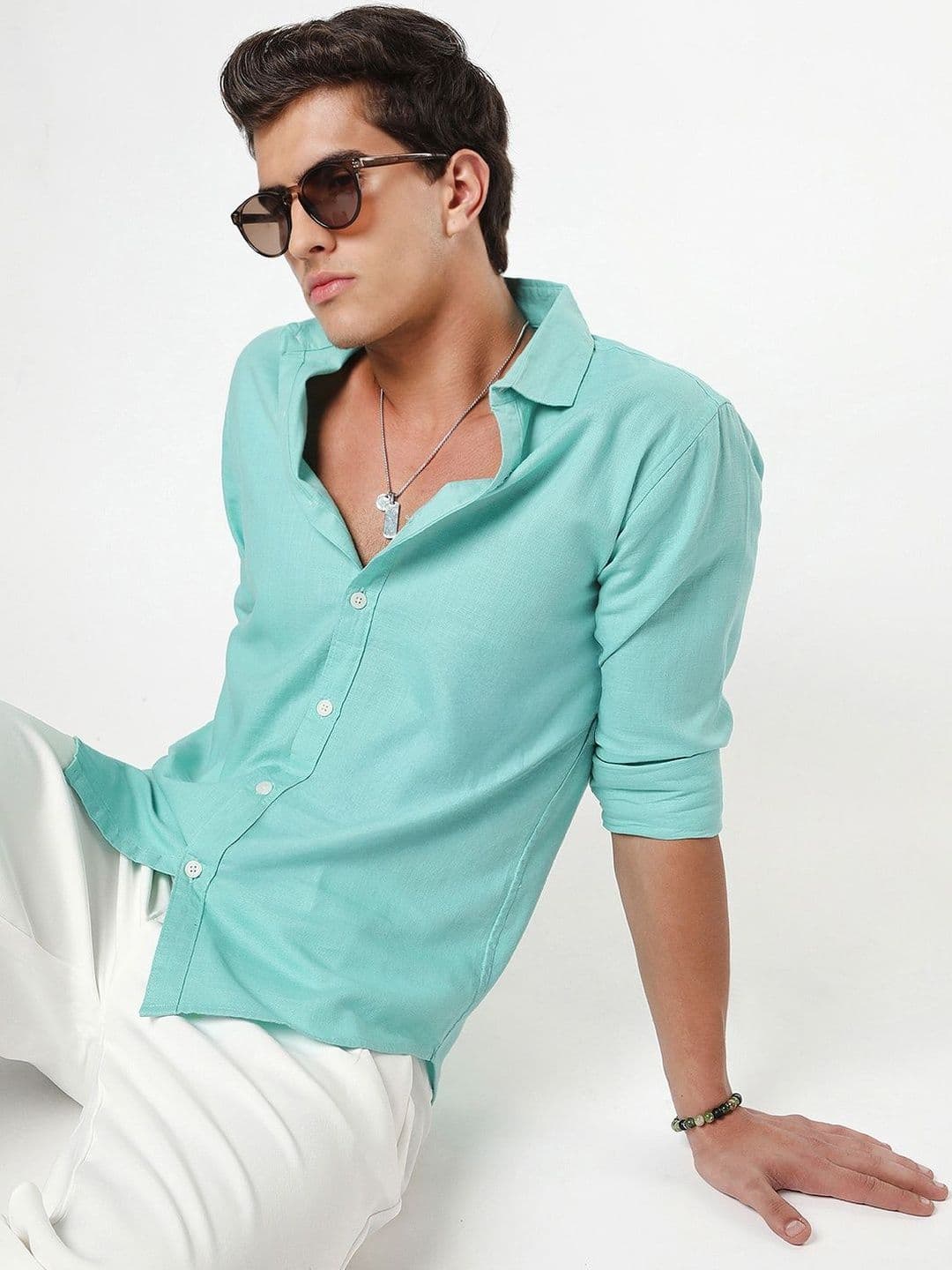 Urbano Fashion Men Light Teal Linen Blend Full Sleeve Relaxed Fit Casual Solid Shirt - view 1