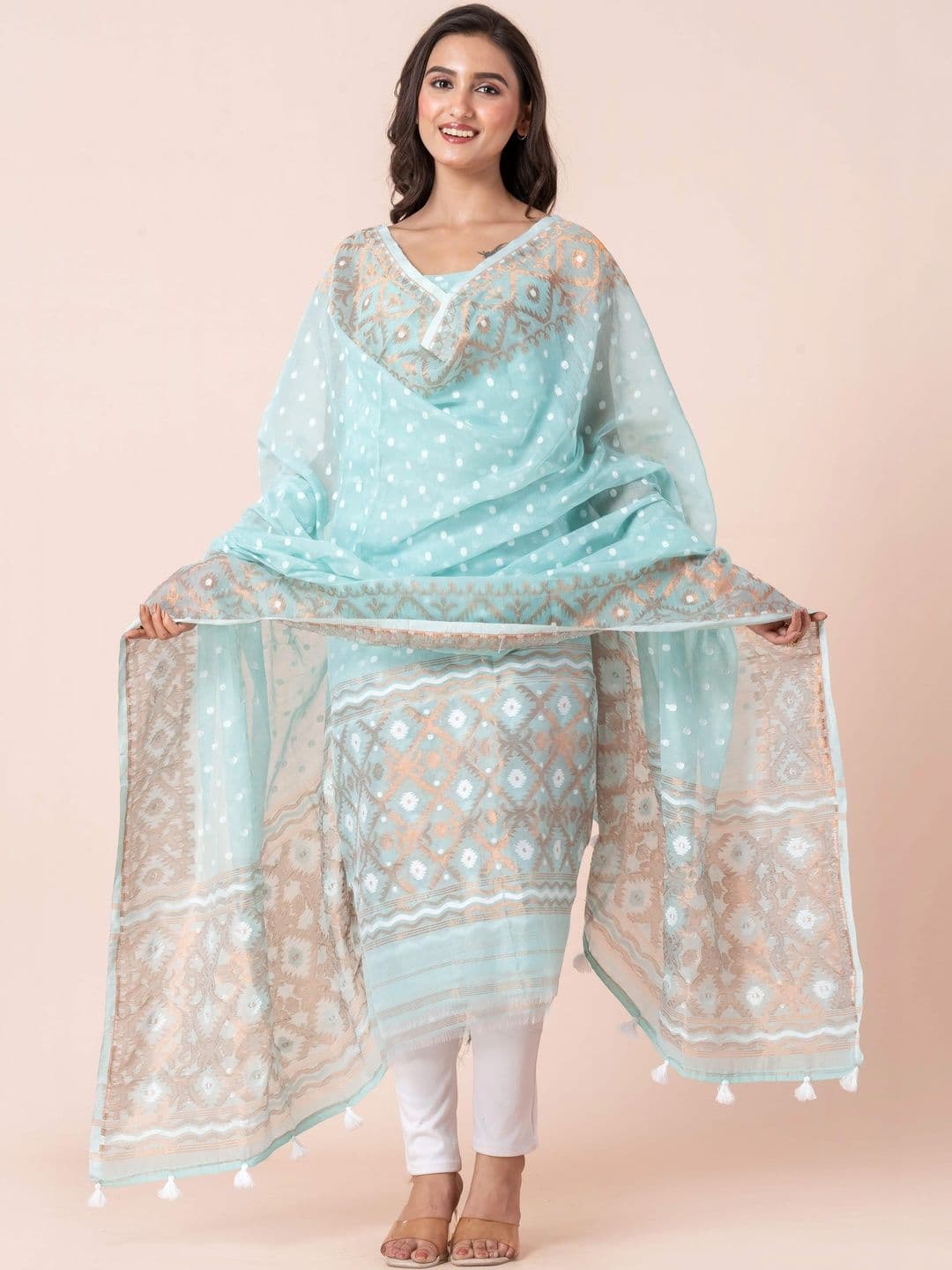 Durga Handlooms Jamdani Unstitched Cotton Zari Kurti with Dupatta - view 1